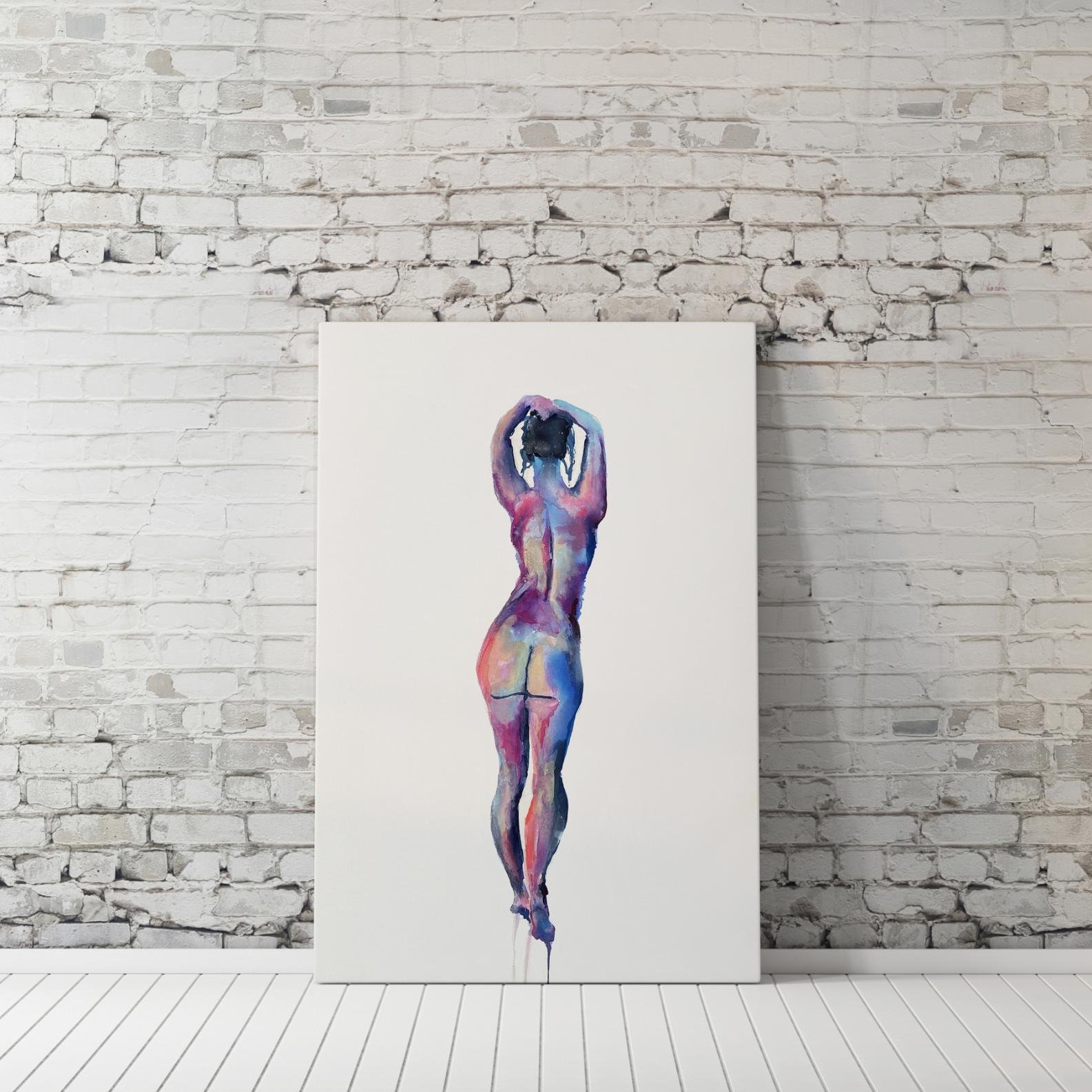 Unframed “Radiant Elegance” propped against a white brick wall on a white-painted wood floor, enhancing the minimalist presentation and airy gallery aesthetic.