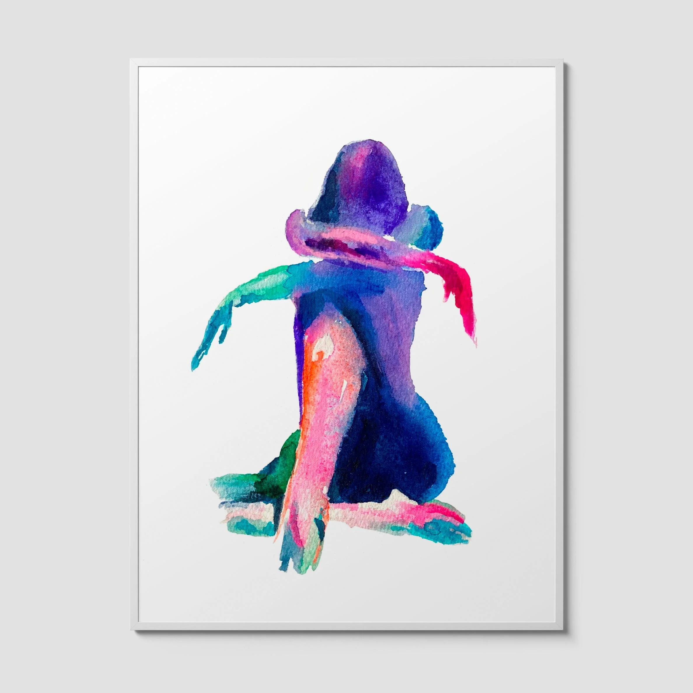Colorful abstract watercolor art print titled Resting, showing a seated faceless figure in vibrant purple, pink, green, and blue tones.