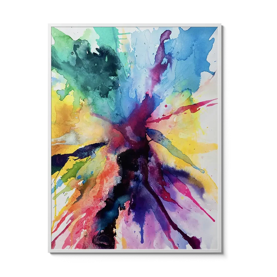 Vibrant abstract watercolor painting with explosive splashes of blue, yellow, red, and purple by artist Nick Horvath.