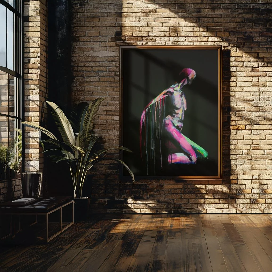 The painting “Metamorphisis” displayed in a sunlit industrial loft, framed in wood and hung on an exposed brick wall with dramatic shadows.