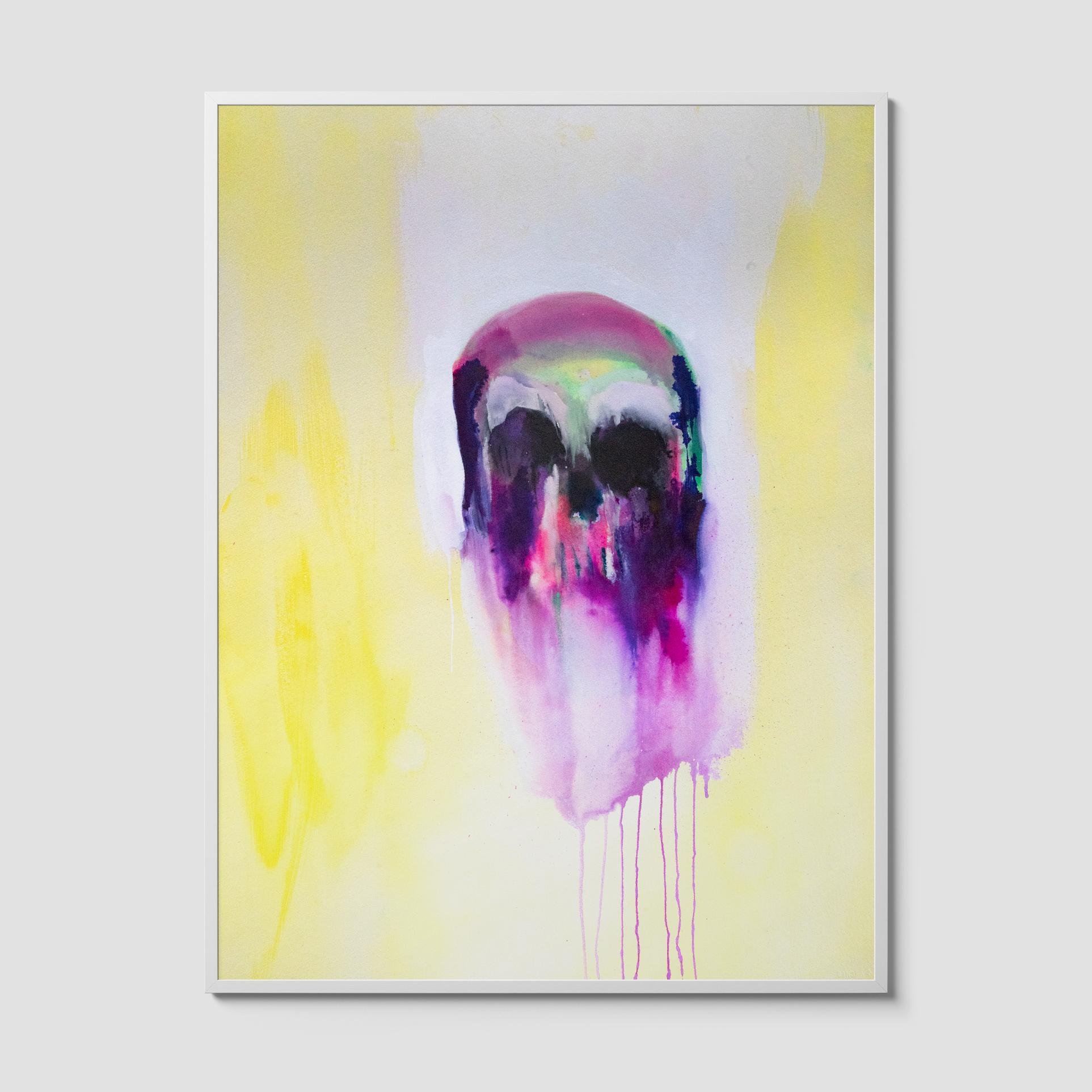 Abstract skull watercolor painted in purples, blacks, and neon greens, fading into a soft yellow and white background with downward drips.