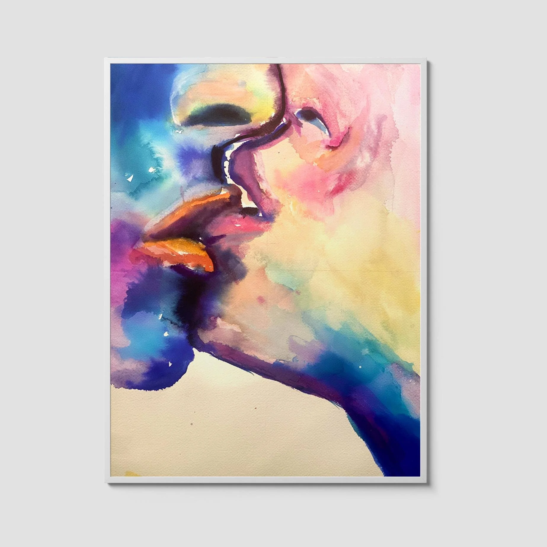 Watercolor painting titled Lustful Bite showing a close-up kiss in expressive pink, blue, orange, and violet tones