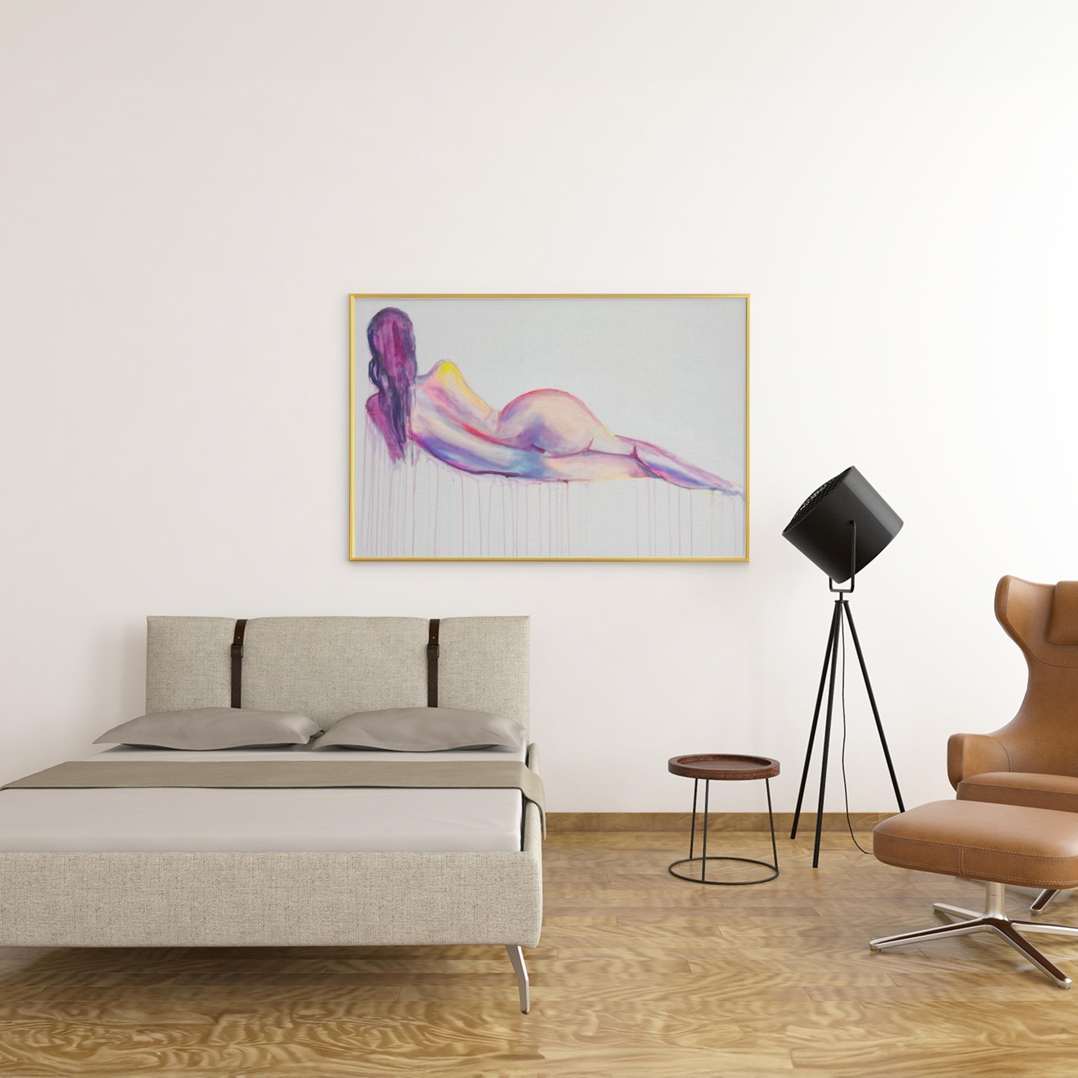 Framed artwork of a reclining nude in dreamy pastels displayed above a modern bed, adding a touch of artistic intimacy to the bedroom.