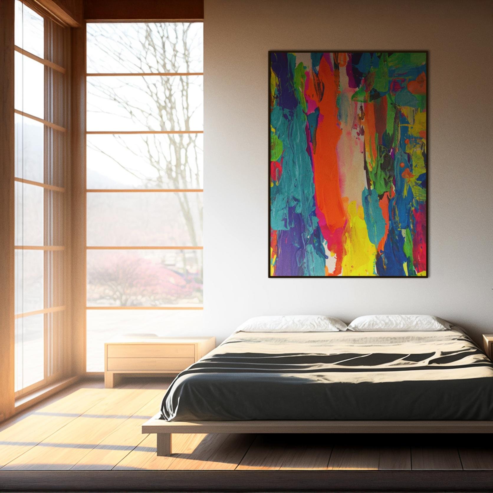Clash brings a burst of energy to a peaceful bedroom, mounted above a minimalist bed in a warm, wood-accented space.