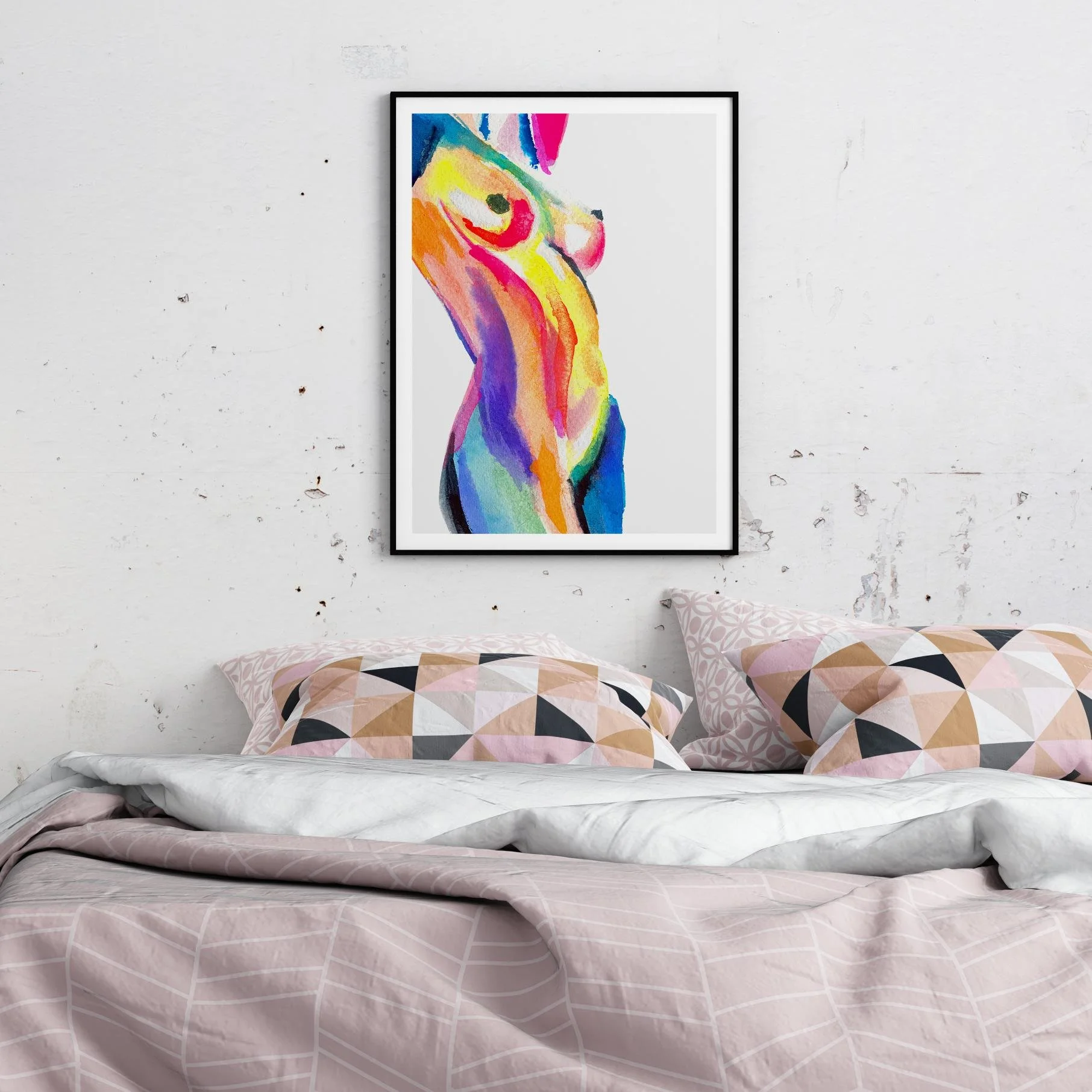 A colorful full-body abstract nude painting above a pink-accented bed, adding sensual energy and artistic flair to a rustic, lived-in bedroom space.