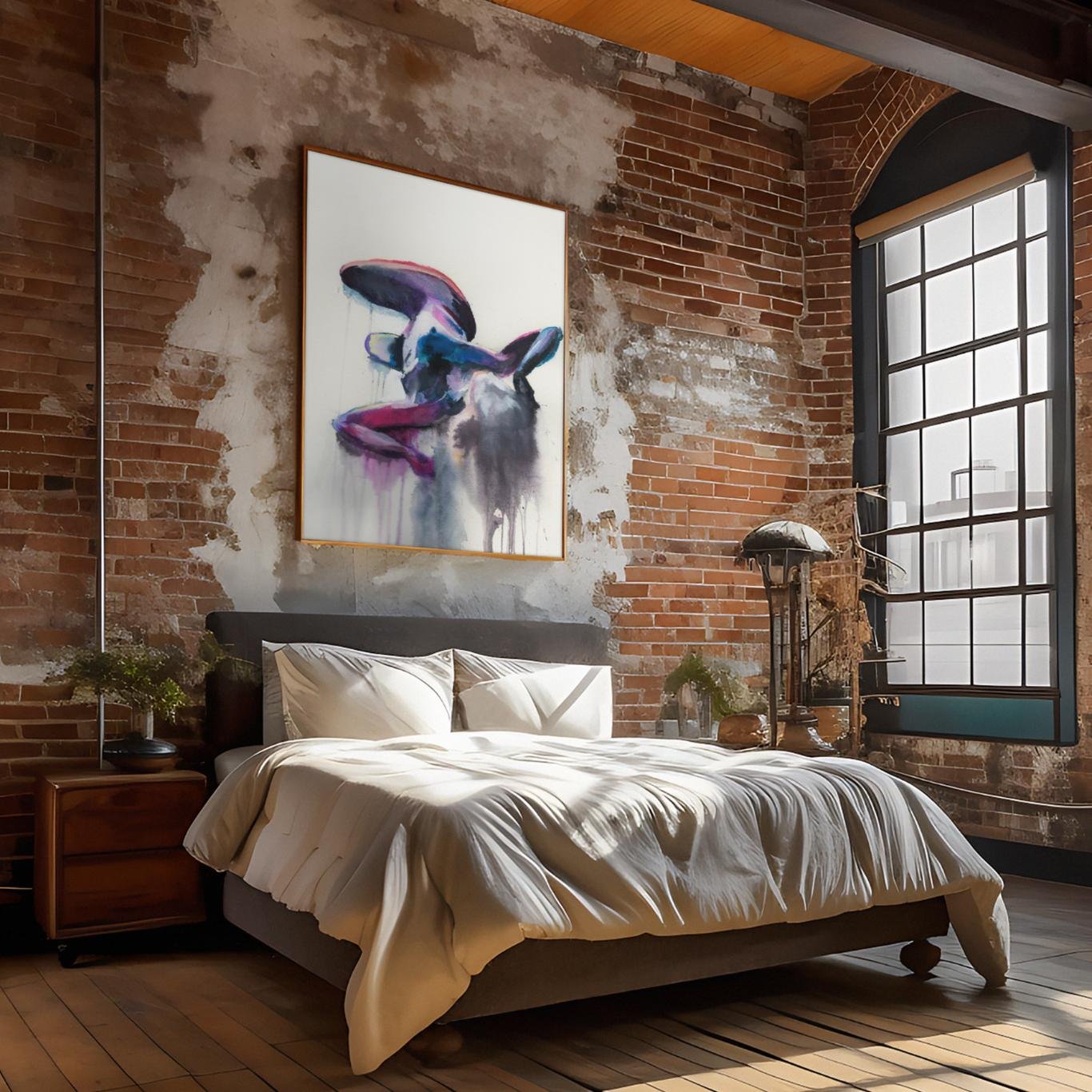 Framed “Laying Splash” watercolor hanging above a bed in a rustic brick loft, creating a bold and expressive focal point in a cozy bedroom.