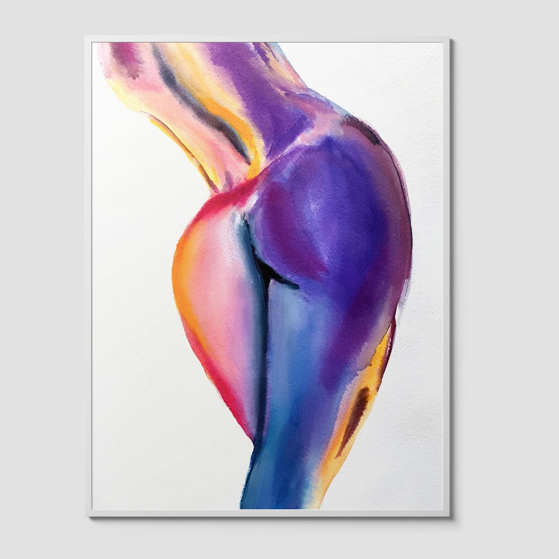 Colorful nude watercolor art print of a curvy female figure in bold purple, pink, orange, and blue tones with expressive brushwork
