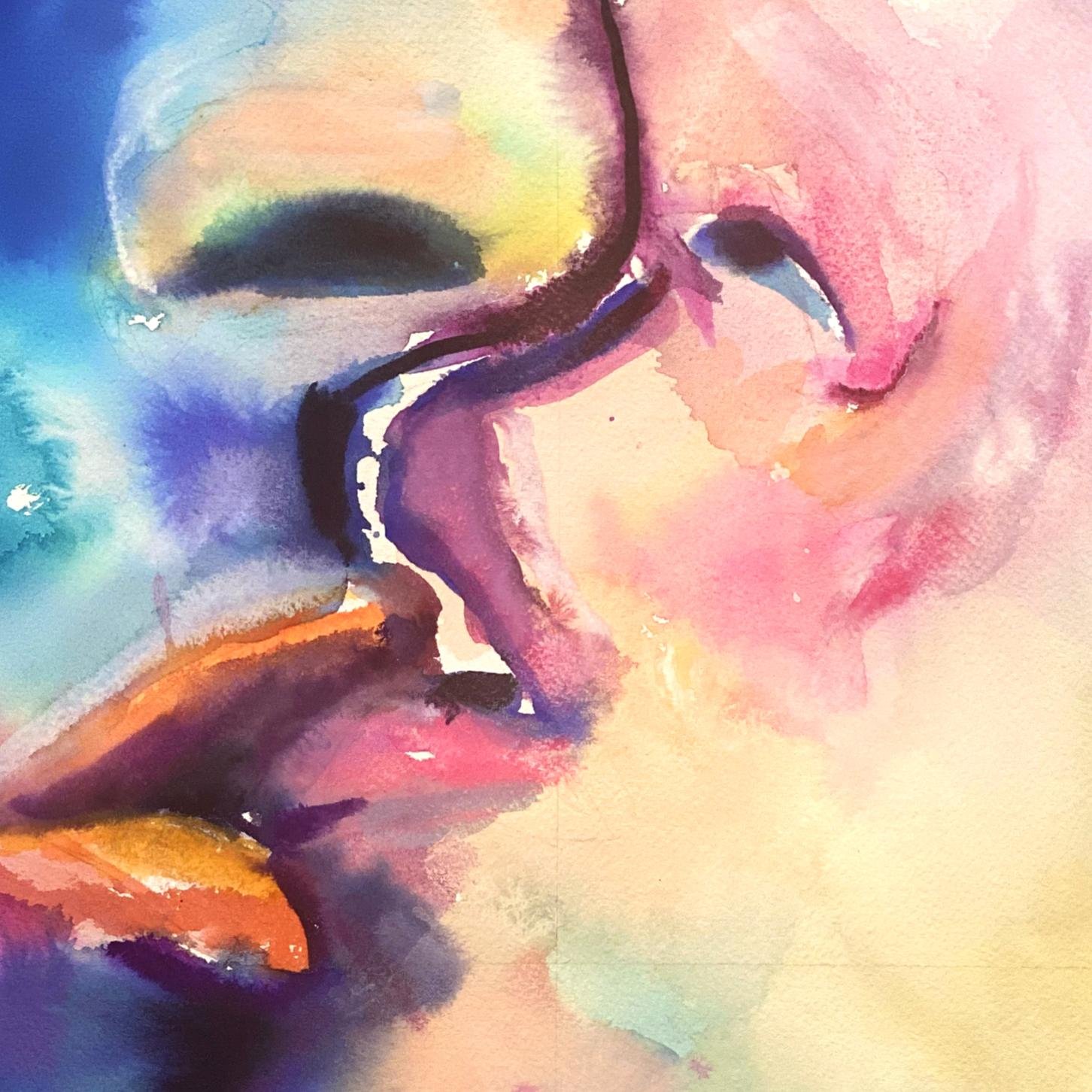 Detail of Lustful Bite watercolor art featuring expressive brushstrokes capturing lips and facial contours in bold, blended colors