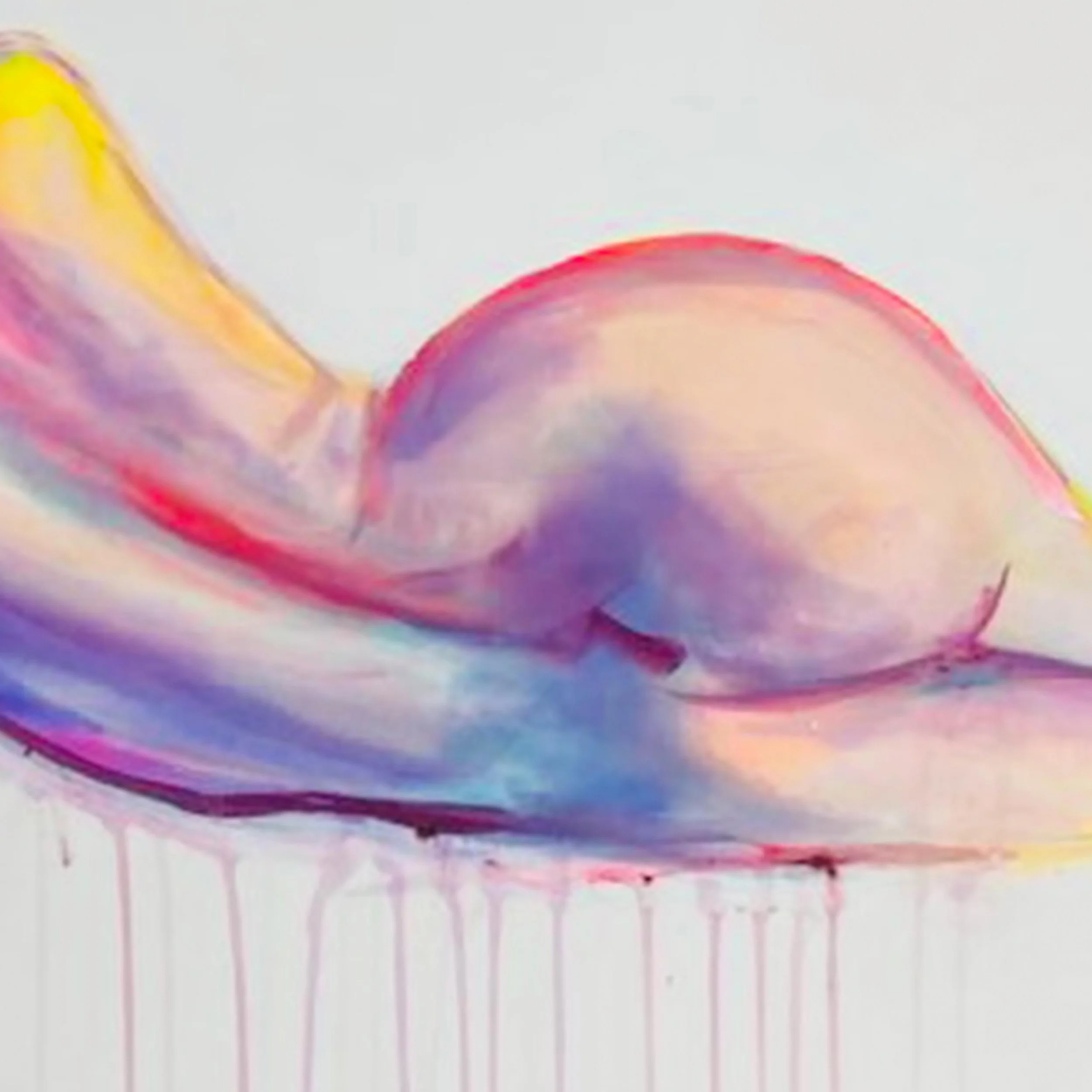 Close-up of the figure’s midsection and hips, highlighting the vibrant blend of purples, blues, and peach tones in the abstract watercolor style.