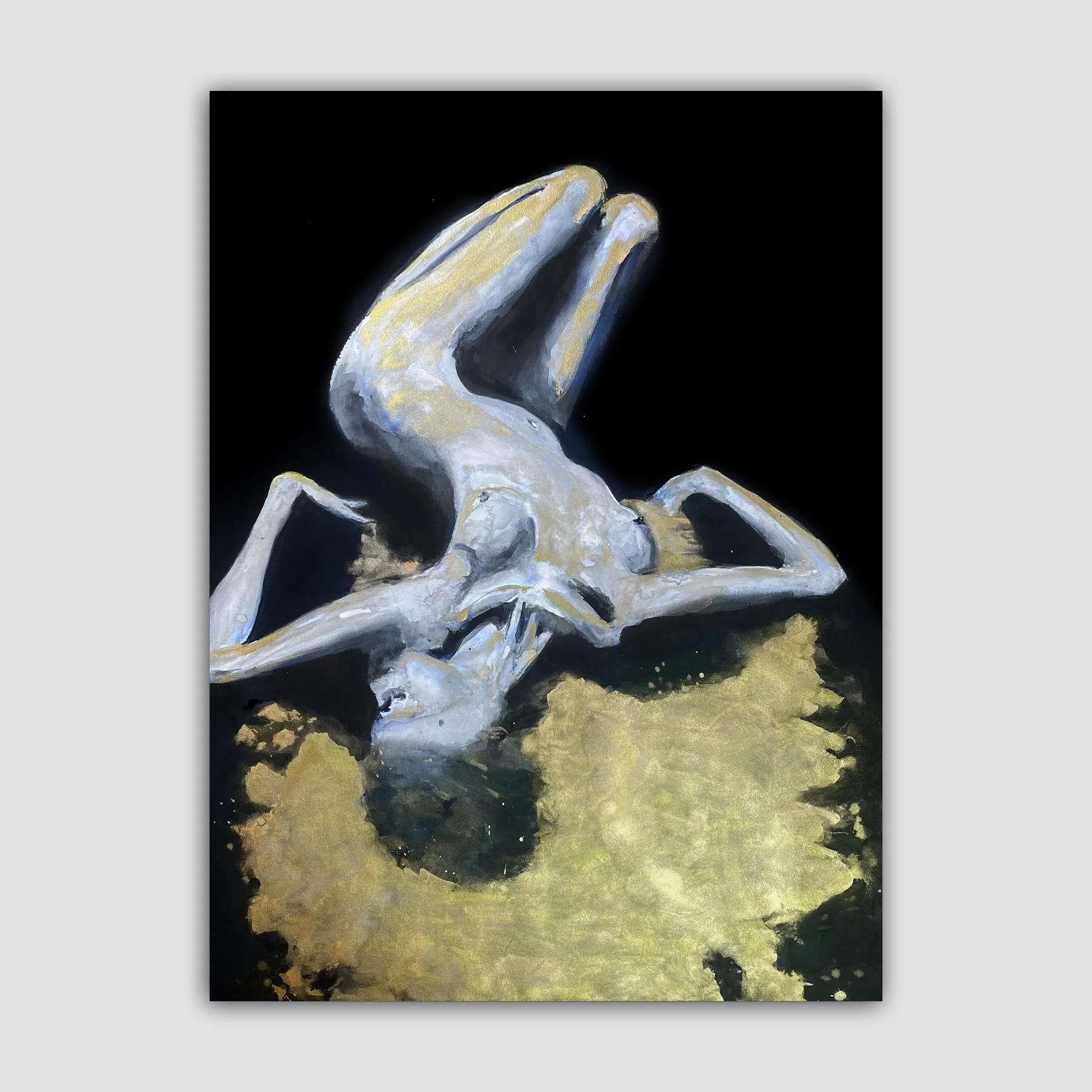 Original watercolor painting titled Gold Spill by Nick Horvath, featuring a reclining abstract nude with shimmering gold accents on a dark background, 30 x 40 inches.