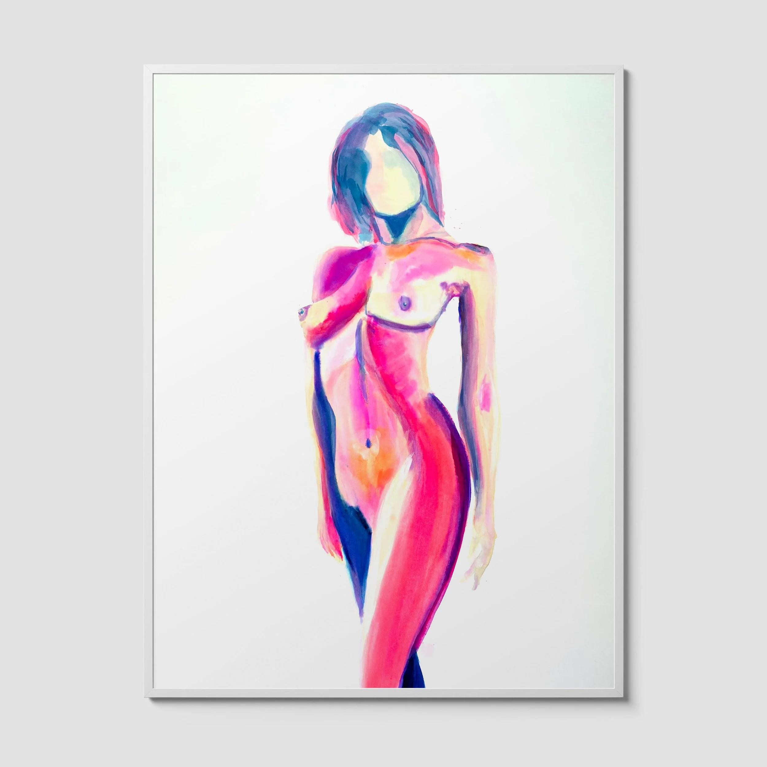 Abstract watercolor art print of a nude female figure with vibrant pink, blue, and warm tones on a white background.