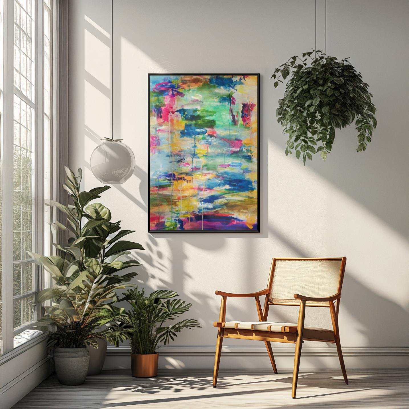 Interior view of “Cascade” in a modern, minimalist living room with a black-framed version of the painting centered above a dark gray couch against soft beige walls.