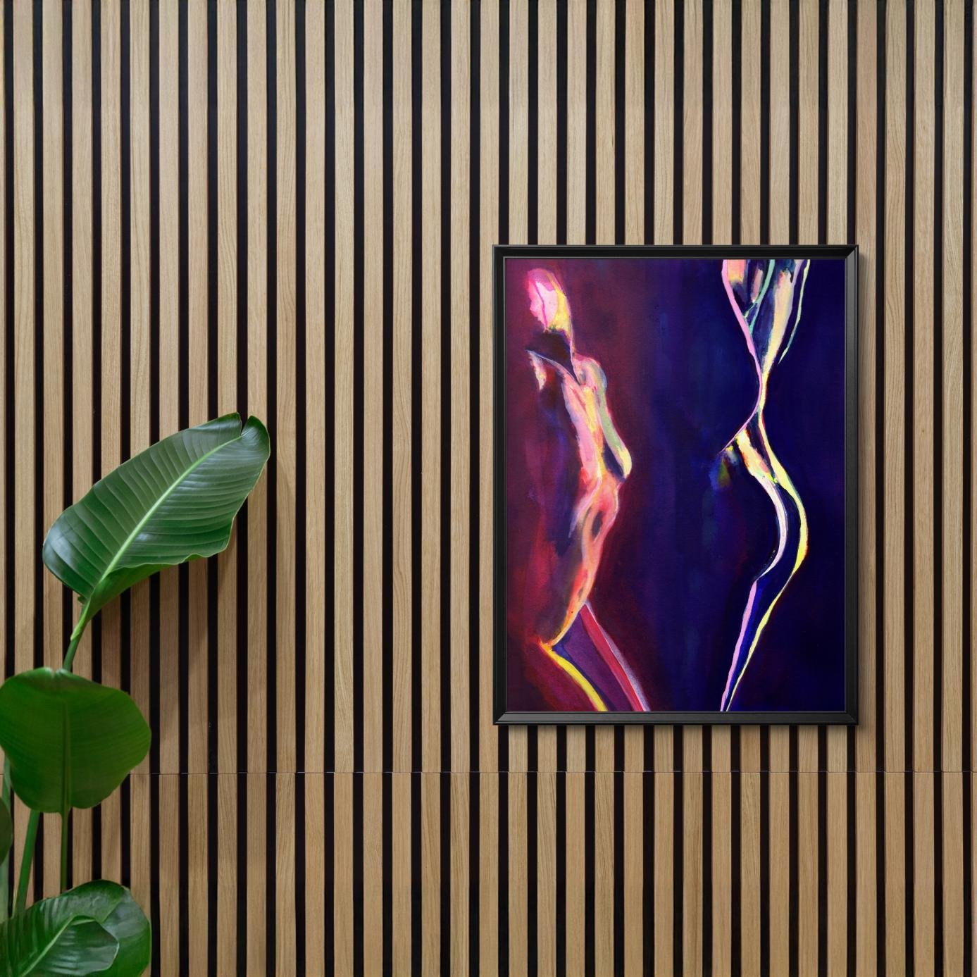 A larger version of the artwork in a spacious setting with gold framing and vibrant plants, amplifying the energy and sensuality of the scene.