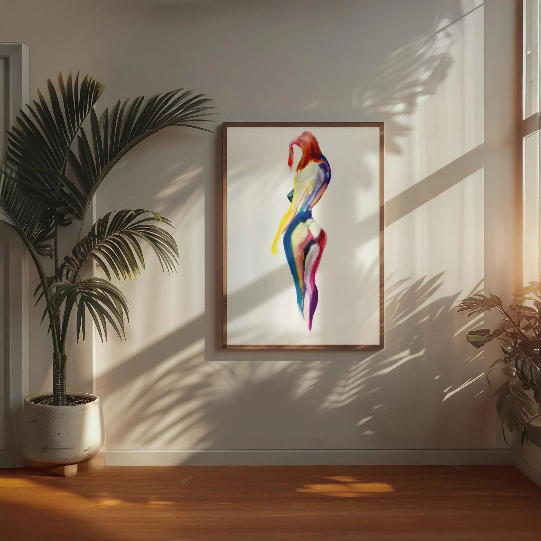 The Look displayed in a sunlit modern interior with wooden floors and indoor plants, showcasing the vibrant nude watercolor in a warm wood frame.