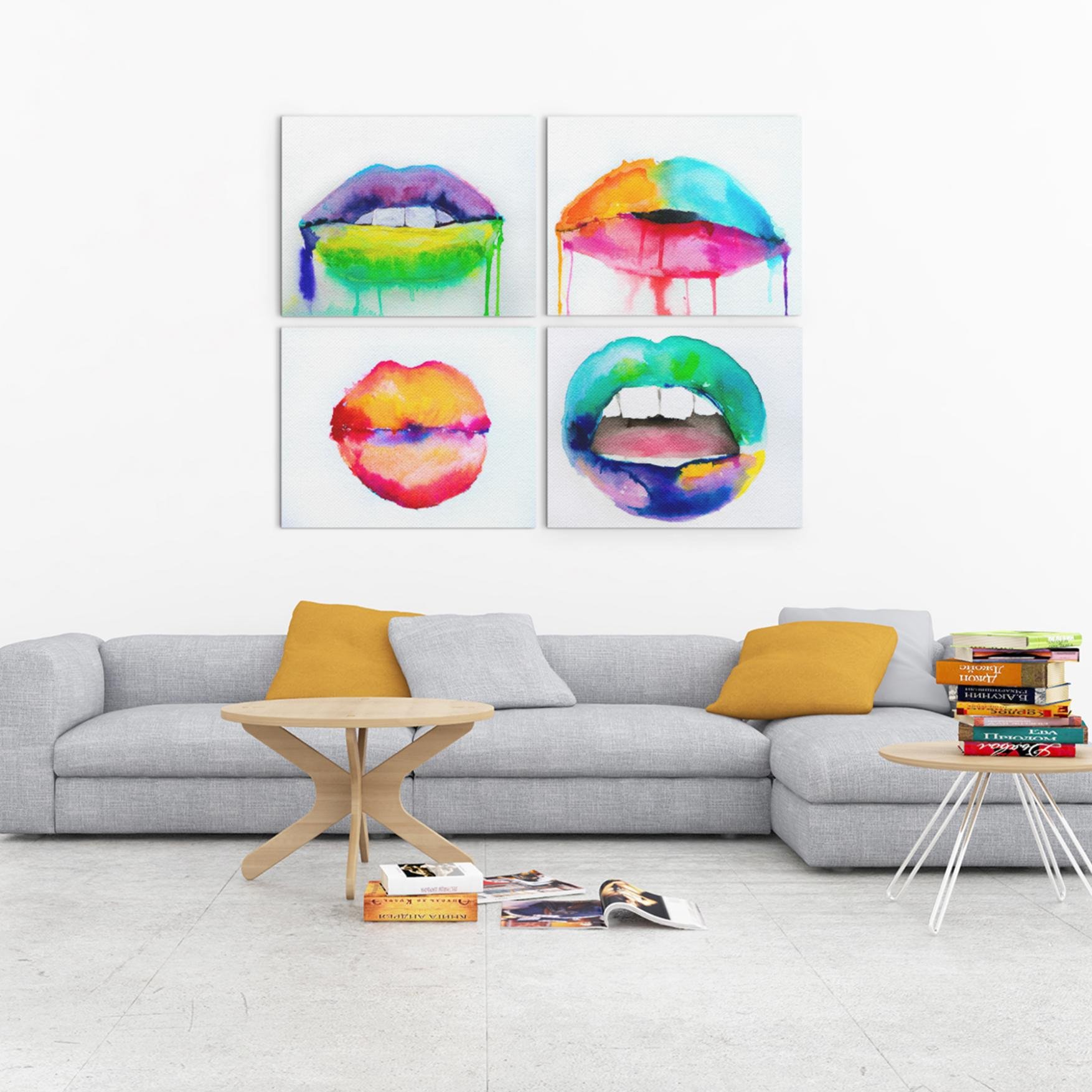 Framed artworks from Series of Lips add vibrant personality to a minimalist white wall, balancing fun and modern style with colorful charm.