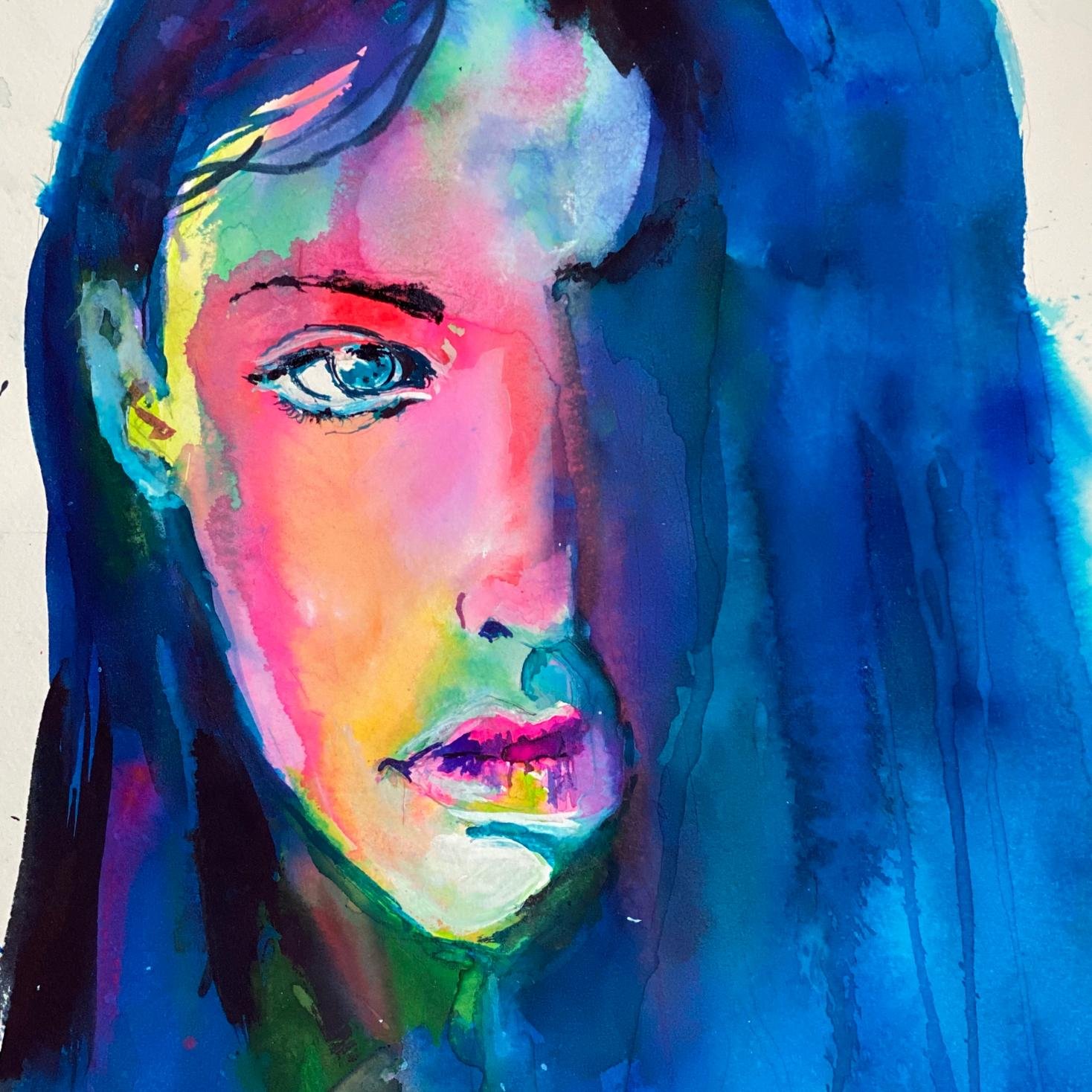 Close-up of Blue Veil, showcasing vivid watercolor brushwork with electric blues, greens, and neon pinks around the woman's eye and lips.