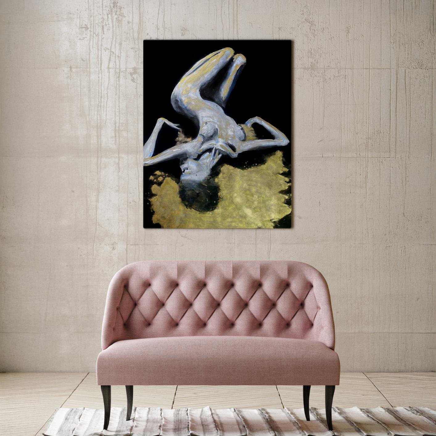 ertical nude painting featuring metallic gold displayed above a plush blush-pink loveseat, creating a striking contrast against a raw concrete wall.