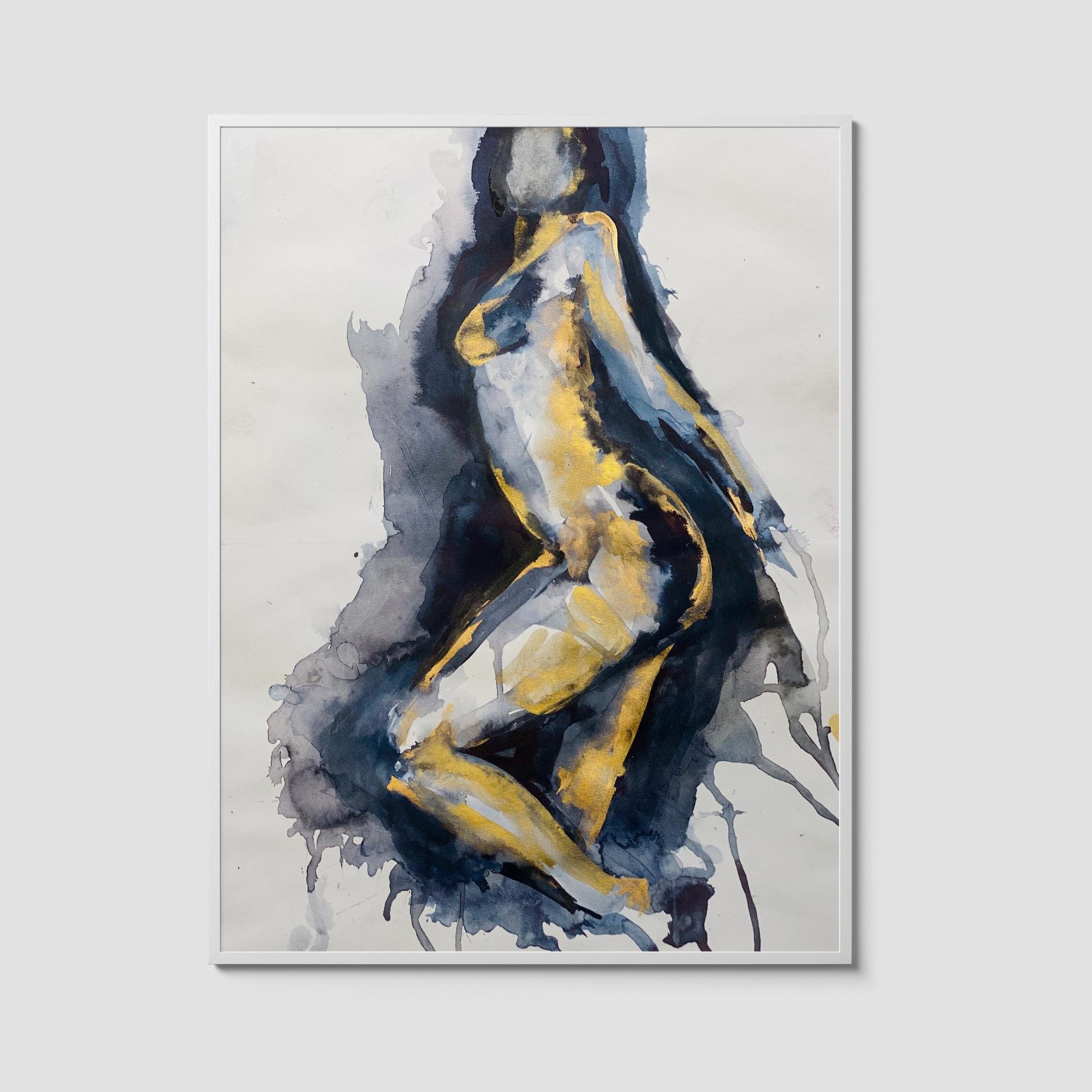Watercolor painting of a faceless nude figure seated in a dynamic pose, with rich navy and charcoal tones accented by bold golden highlights.