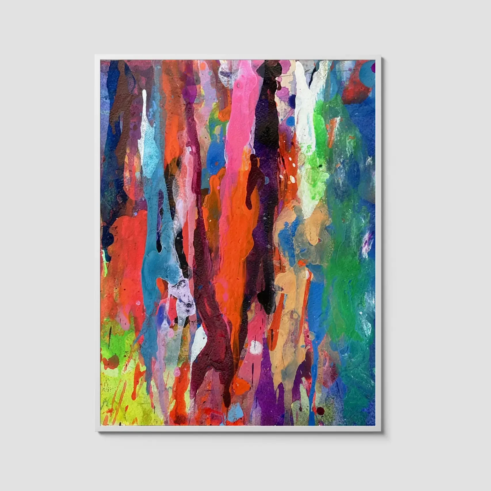 Colorful abstract watercolor painting with bold vertical drips in pink, red, blue, green, orange, and black, layered over a textured background and displayed in a white frame.