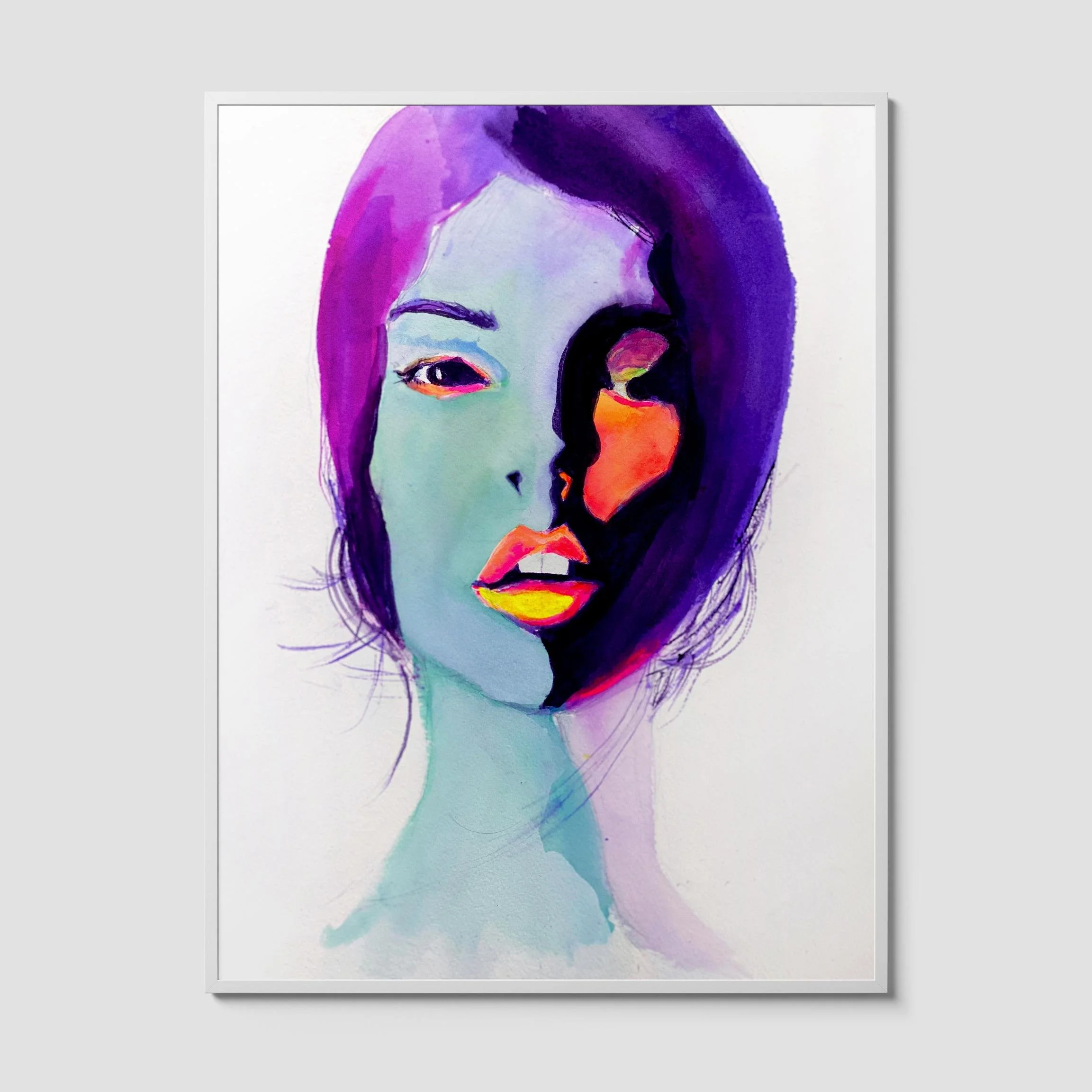 Bold watercolor portrait of a woman with teal skin, vivid magenta hair, and a dramatic half-face shadow in black and orange hues.