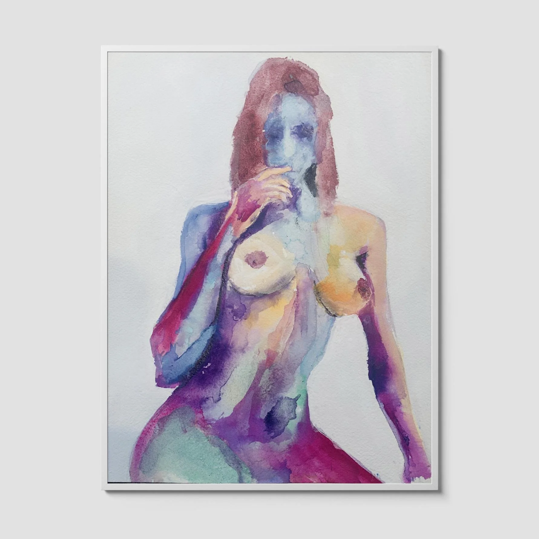 Watercolor painting titled Eager showing a nude female figure in expressive purple, blue, and gold tones with a hand raised near her mouth