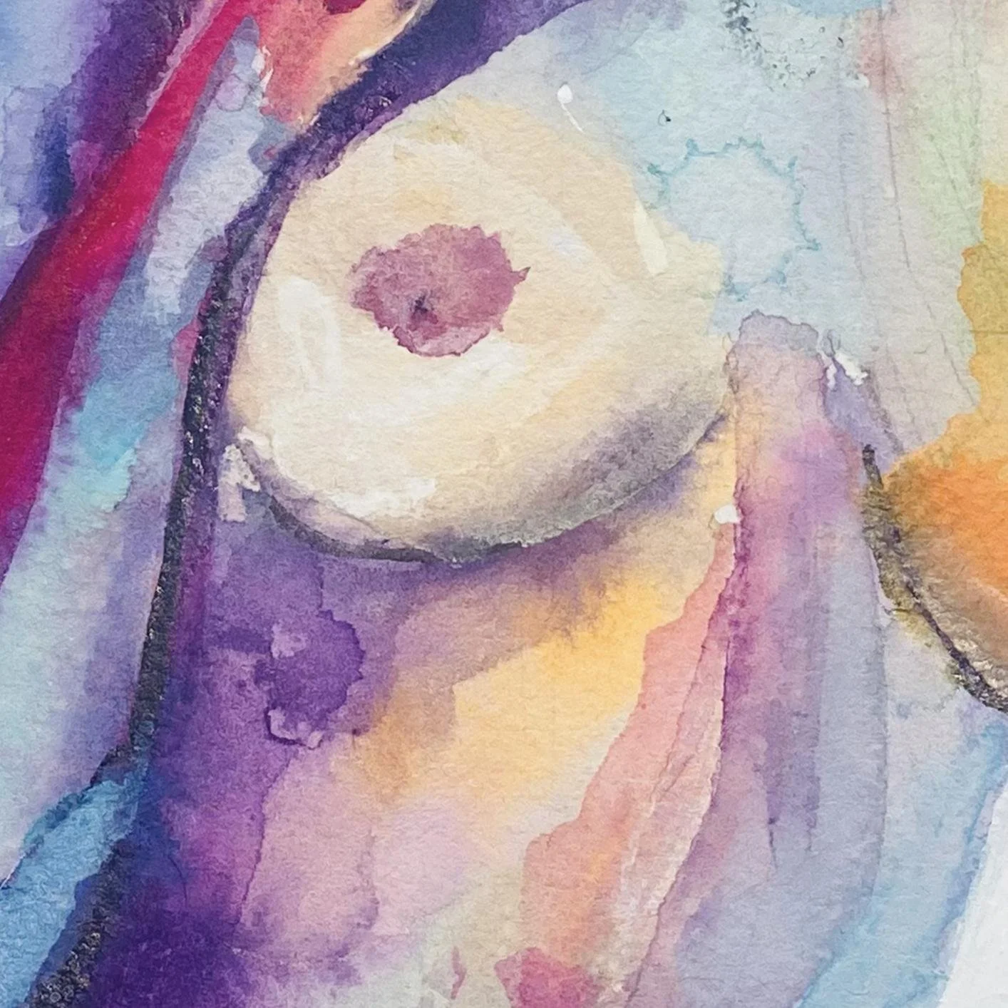 Close-up detail of a nude watercolor painting showing delicate texture, vivid color blending, and artistic brushstrokes around the breast.
