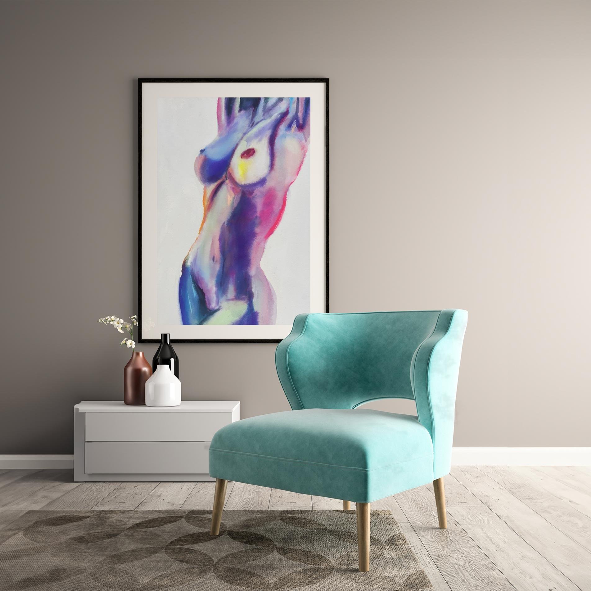 Framed artwork “Sultry” displayed above a modern teal chair in a stylish interior, enhancing contemporary decor with bold feminine energy and color.