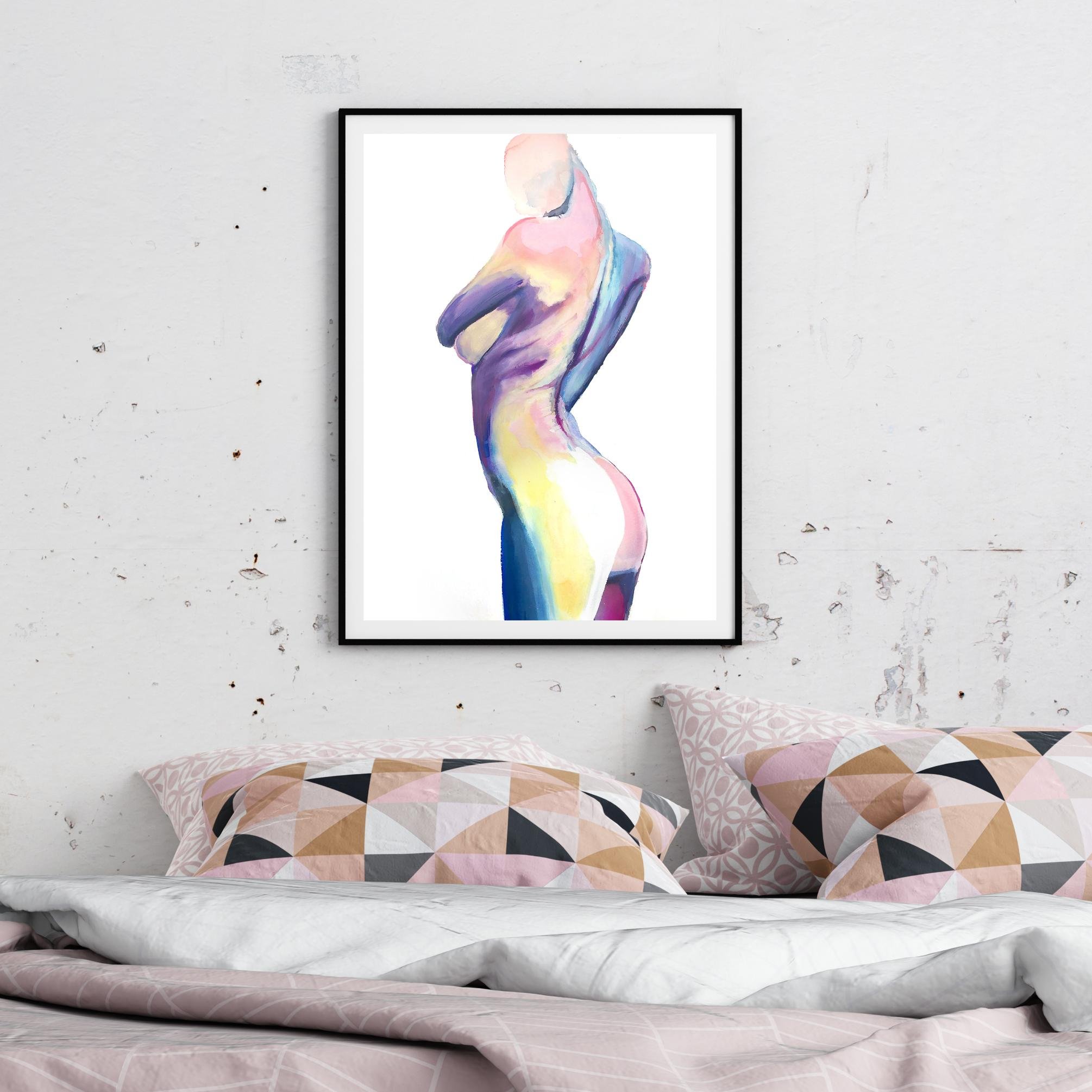 “Boss” featured above a pastel-toned bed with geometric pillows, set against a lightly distressed white wall for a soft yet empowering bedroom accent.