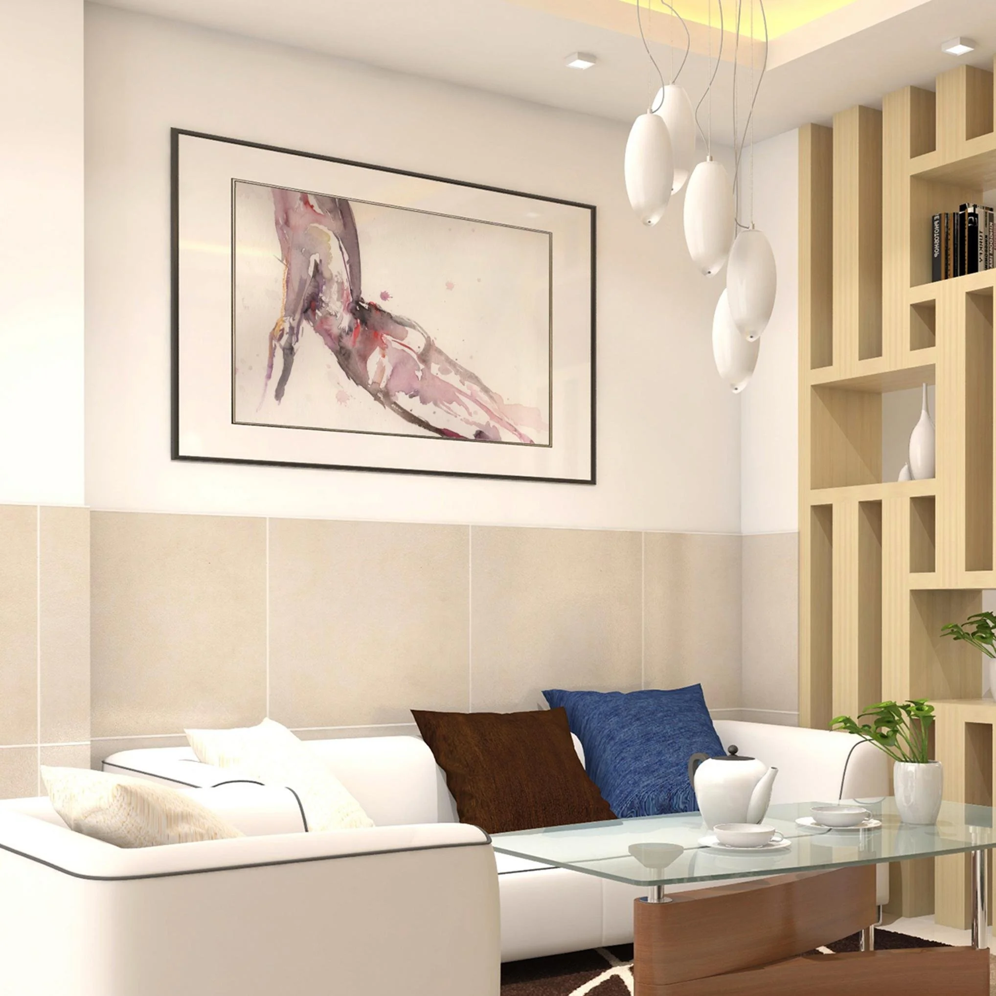 "Seria" abstract nude painting above a minimalist white bed, infusing vibrant sensuality into a serene, light-filled bedroom.