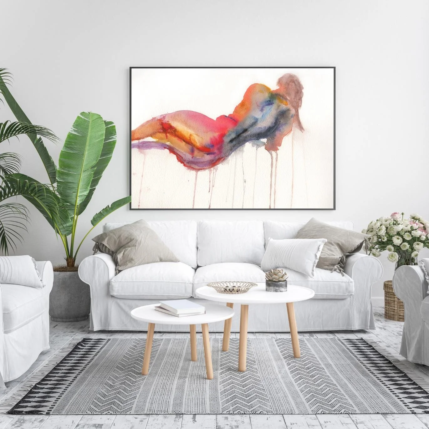 Watercolor artwork titled "Conflicted" hangs in a contemporary gallery space. Dramatic shadows highlight its flowing, vibrant form.