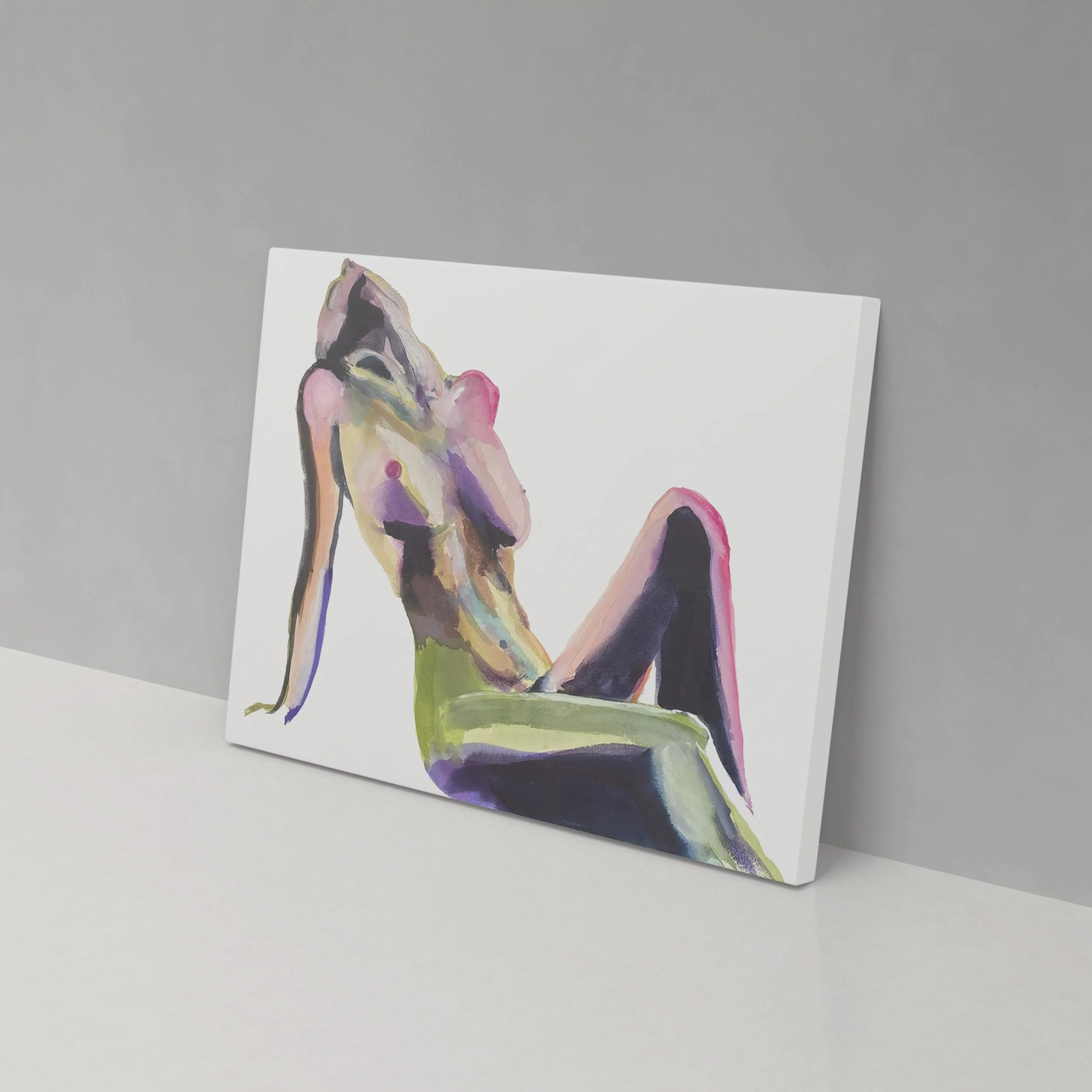 Side view of the canvas leaning against a light gray wall, showing clean edges and the bold, fluid colors wrapping slightly around the sides.