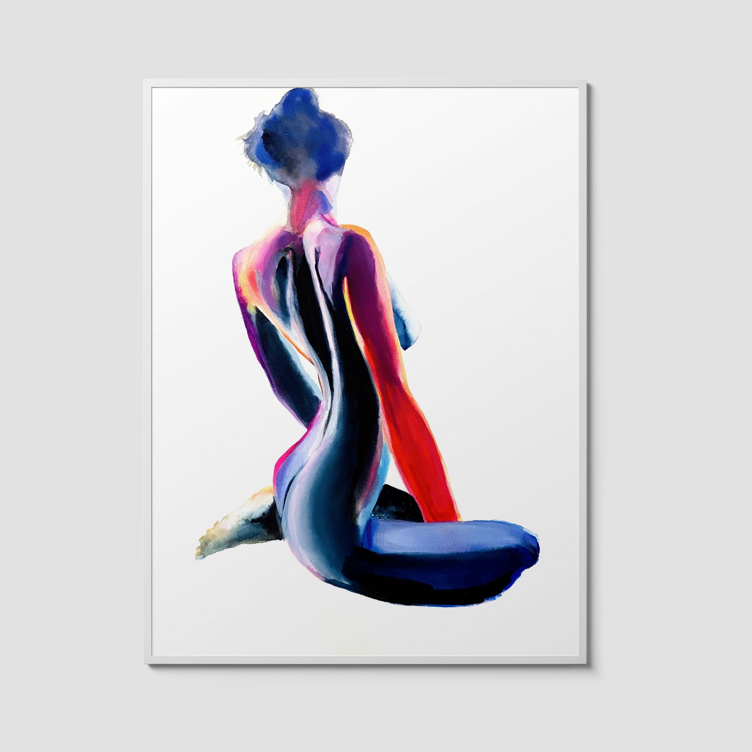 Watercolor painting titled Dark Sitting Back featuring a seated nude female figure in deep red, blue, and purple tones