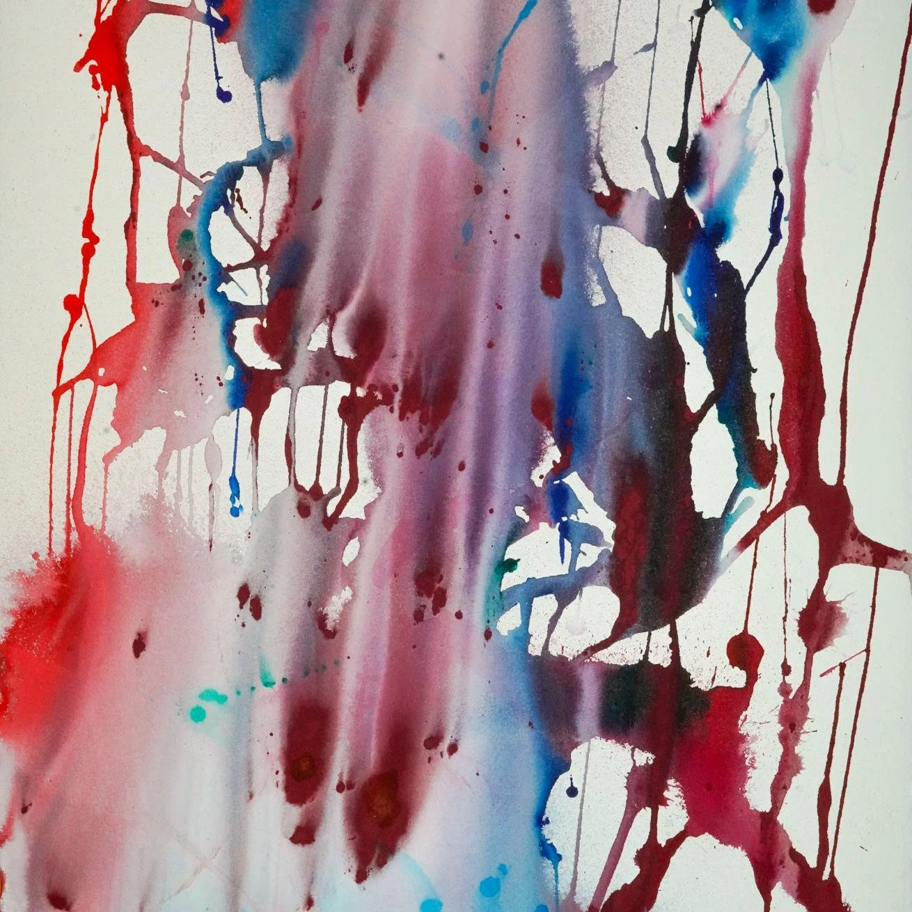 Detail of NY Sports Fan highlights blurred streaks and splatters in crimson, cobalt, and plum with raw, layered texture and emotional intensity.