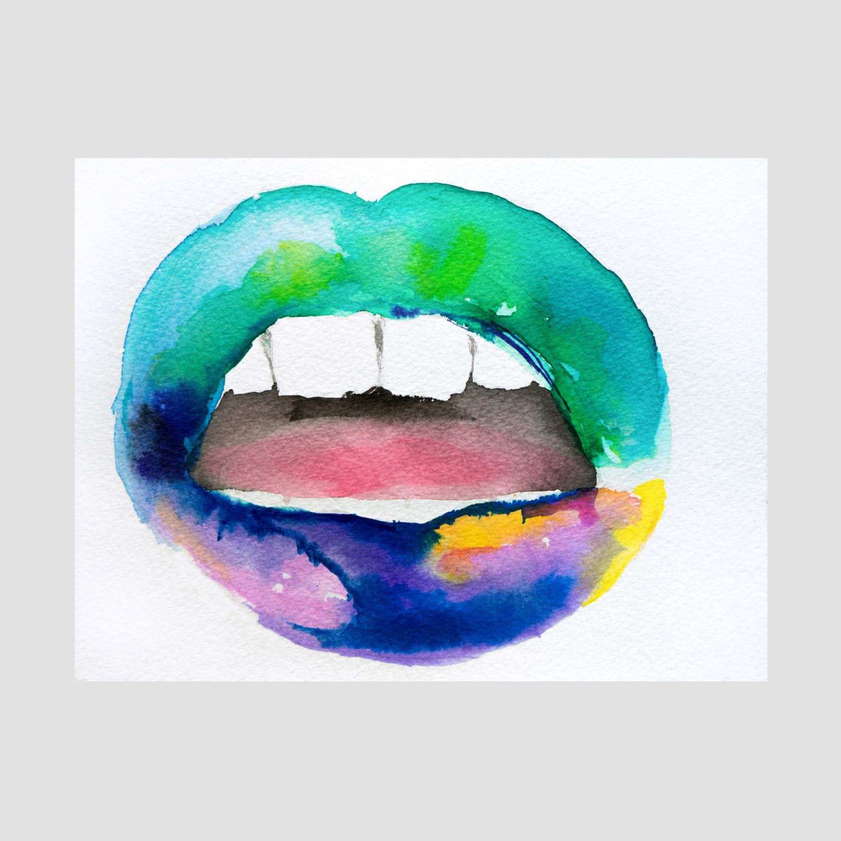 Open watercolor lips in teal and navy with white teeth showing, blending into rich purples, yellows, and soft gradients.
