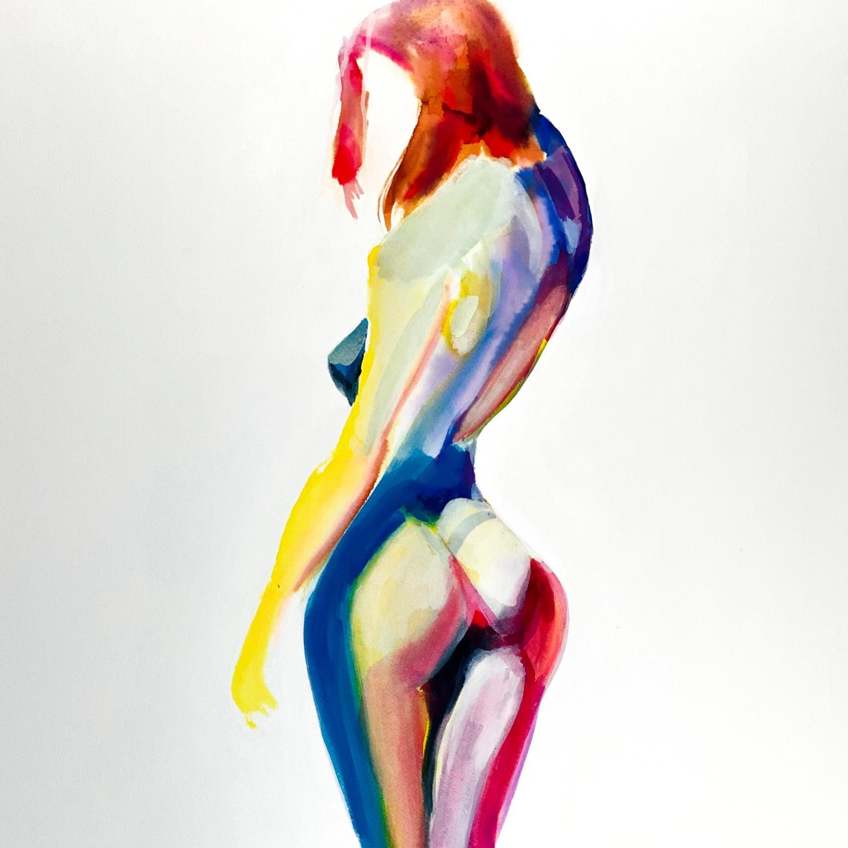 Close-up of The Look, a colorful nude watercolor painting showing expressive brushwork and sensual curves in vivid red, yellow, and blue hues.