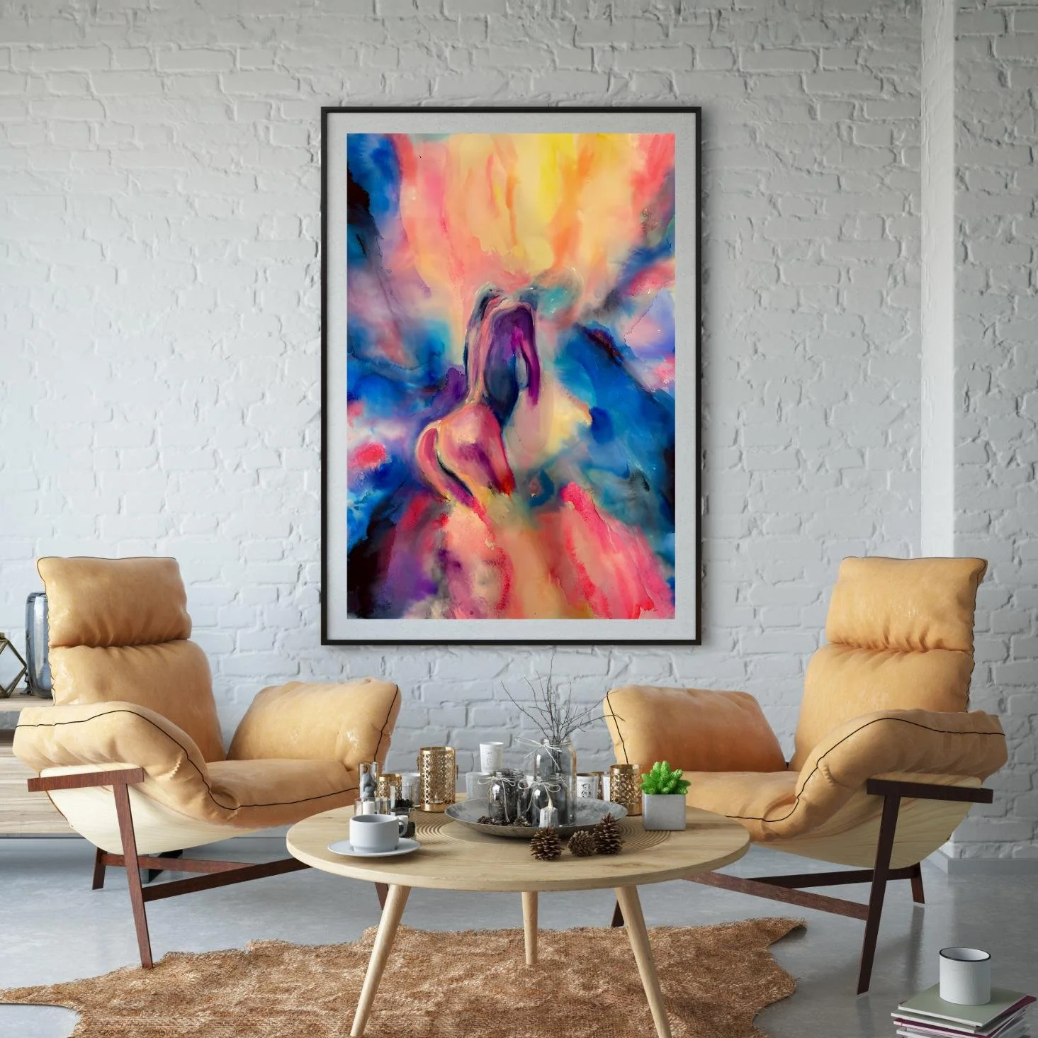 The painting Ethereal adds dreamlike color and sensual form to a minimalist room with raw concrete walls and modern furniture.