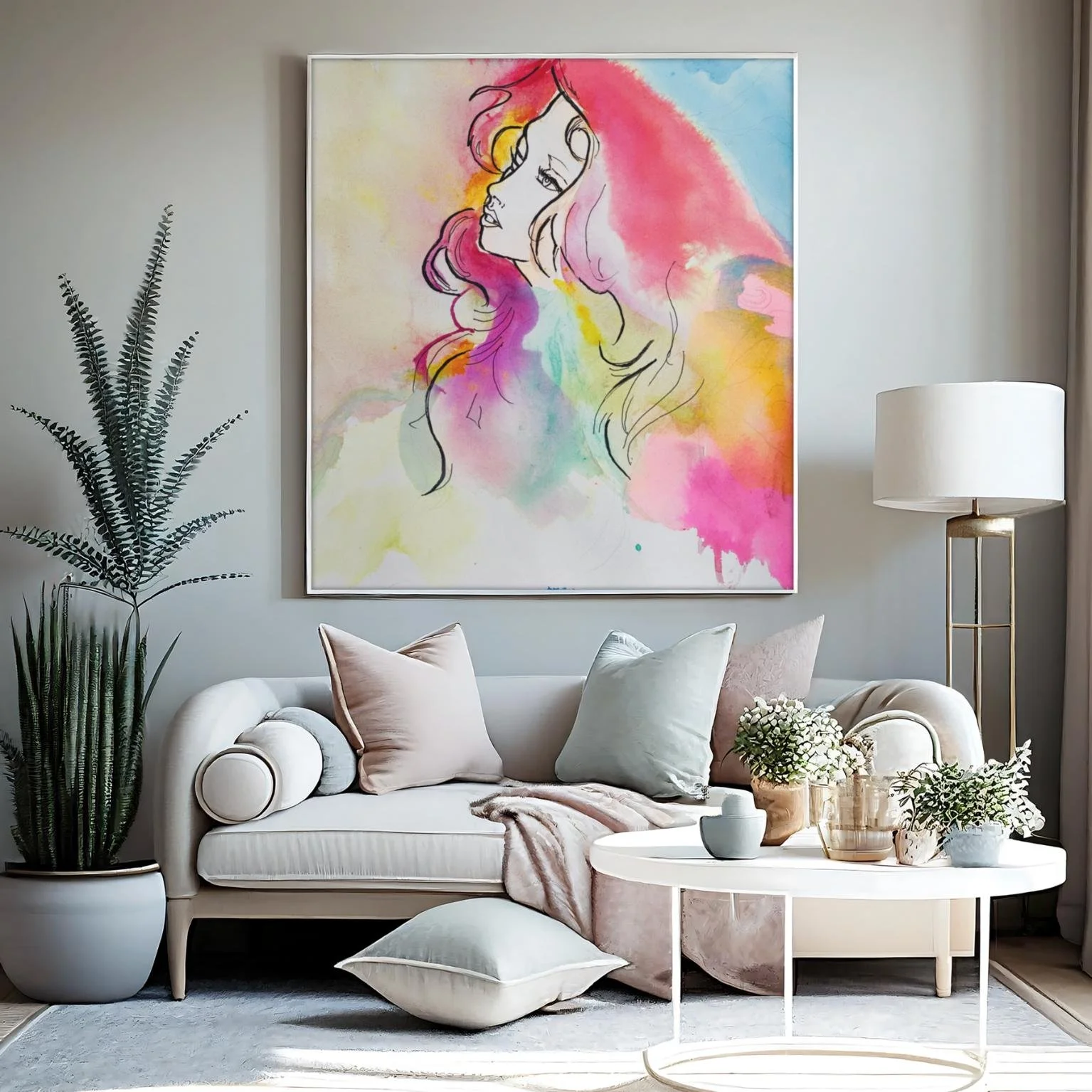 Framed painting Bliss hanging in a modern pastel living room with neutral decor and indoor plants.