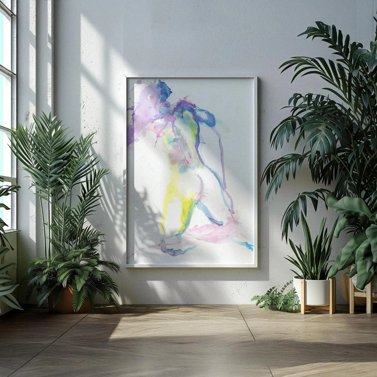 Framed watercolor nude from the "Body" series displayed in a room with tropical plants and natural light, blending art with serene interior design.