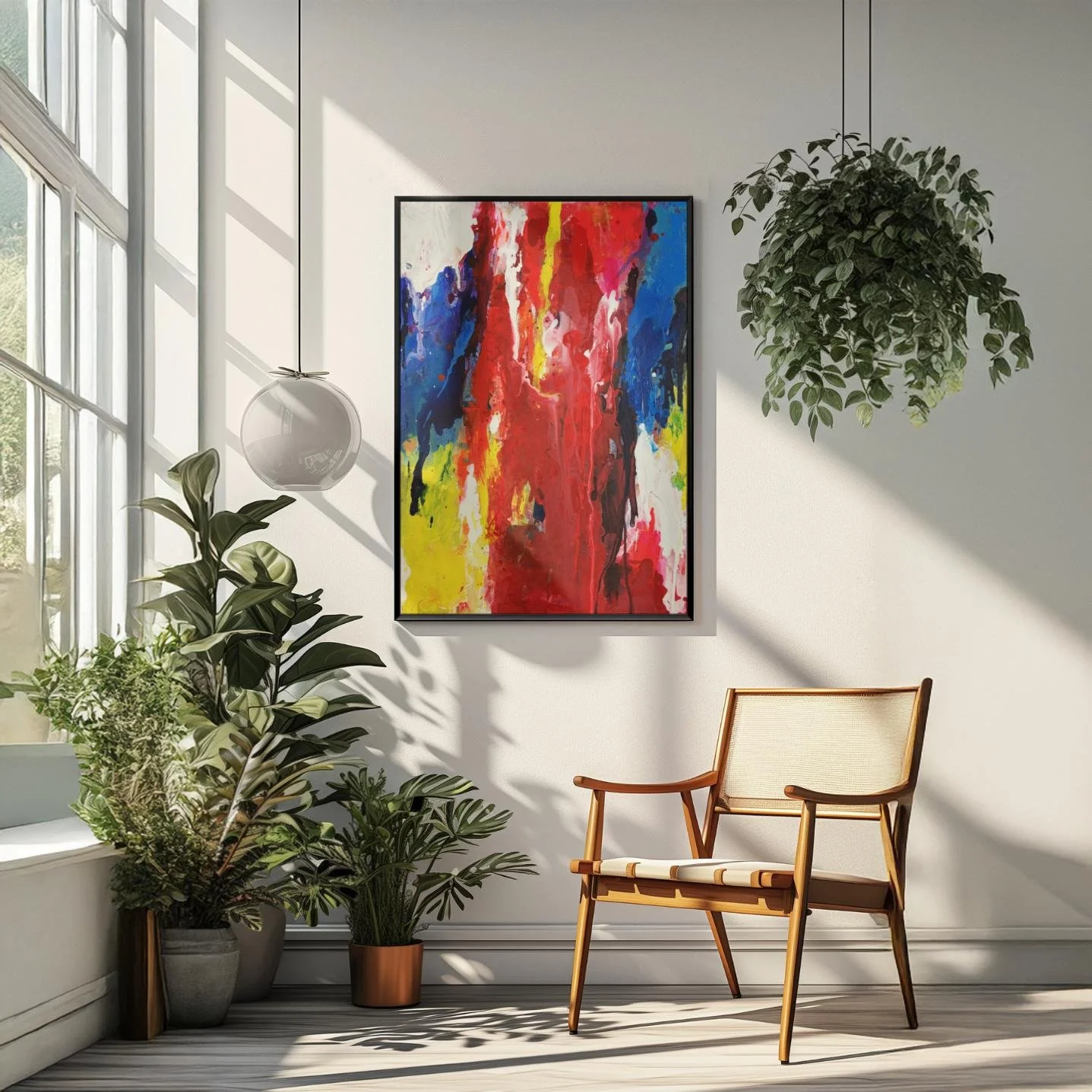 Framed “Flow Splash” hanging in a sunlit room filled with greenery and natural textures. The bright color palette adds energy and contrast to the earthy, serene environment.