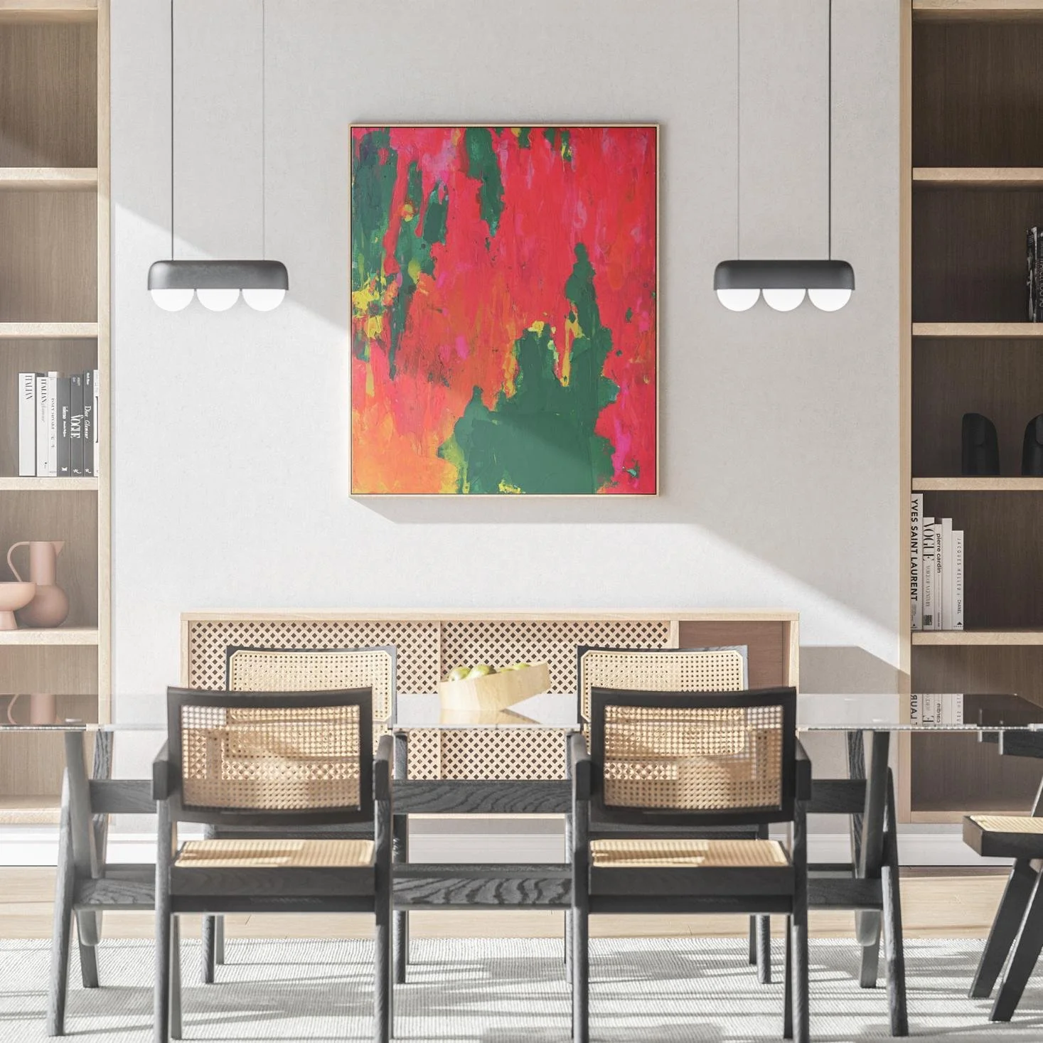 Dynamic abstract painting with fiery color fields and bold contrasts, framed and mounted in a refined dining room with natural light and wood-accented decor.
