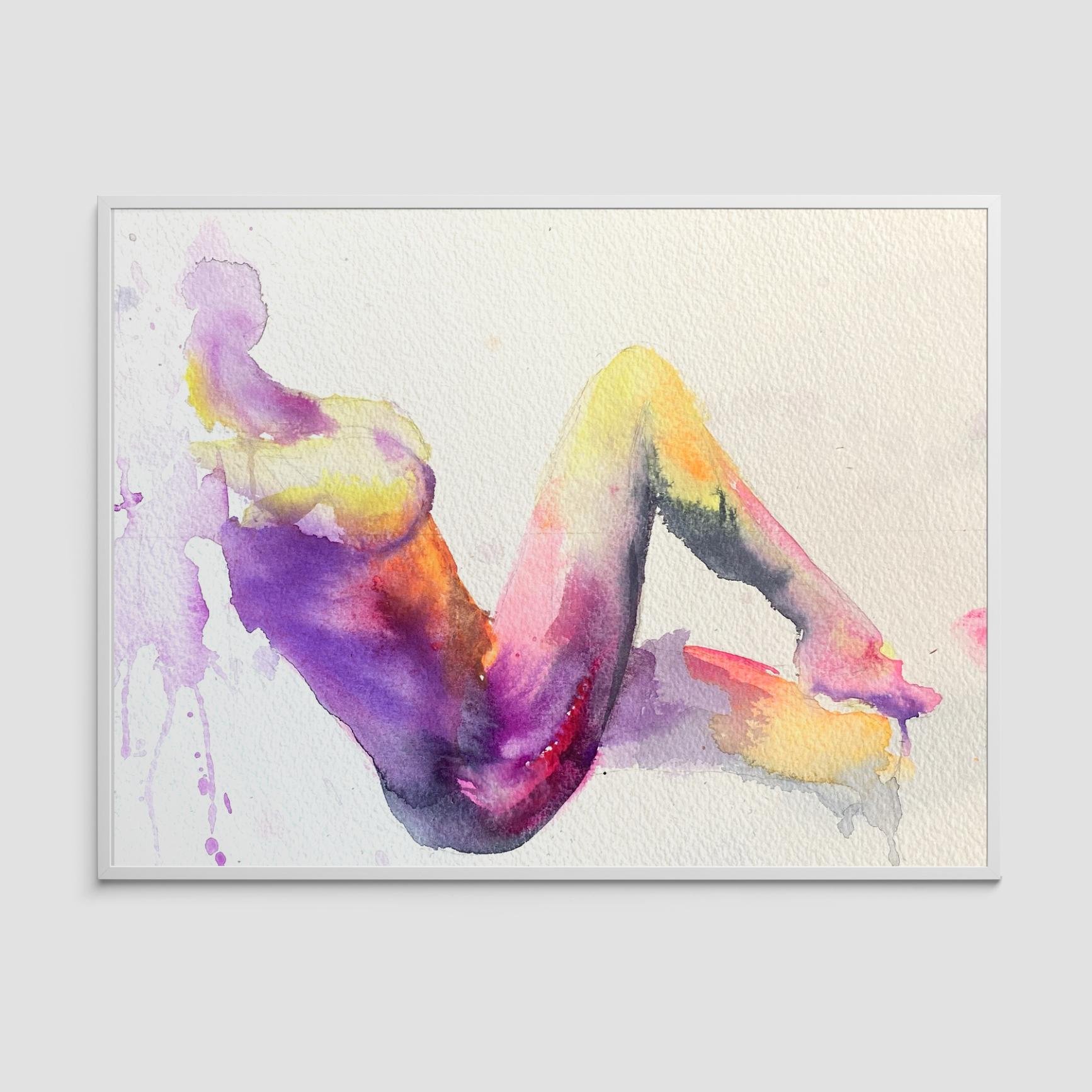Watercolor painting titled Flower showing a reclining nude female figure in expressive purple, yellow, and pink tones
