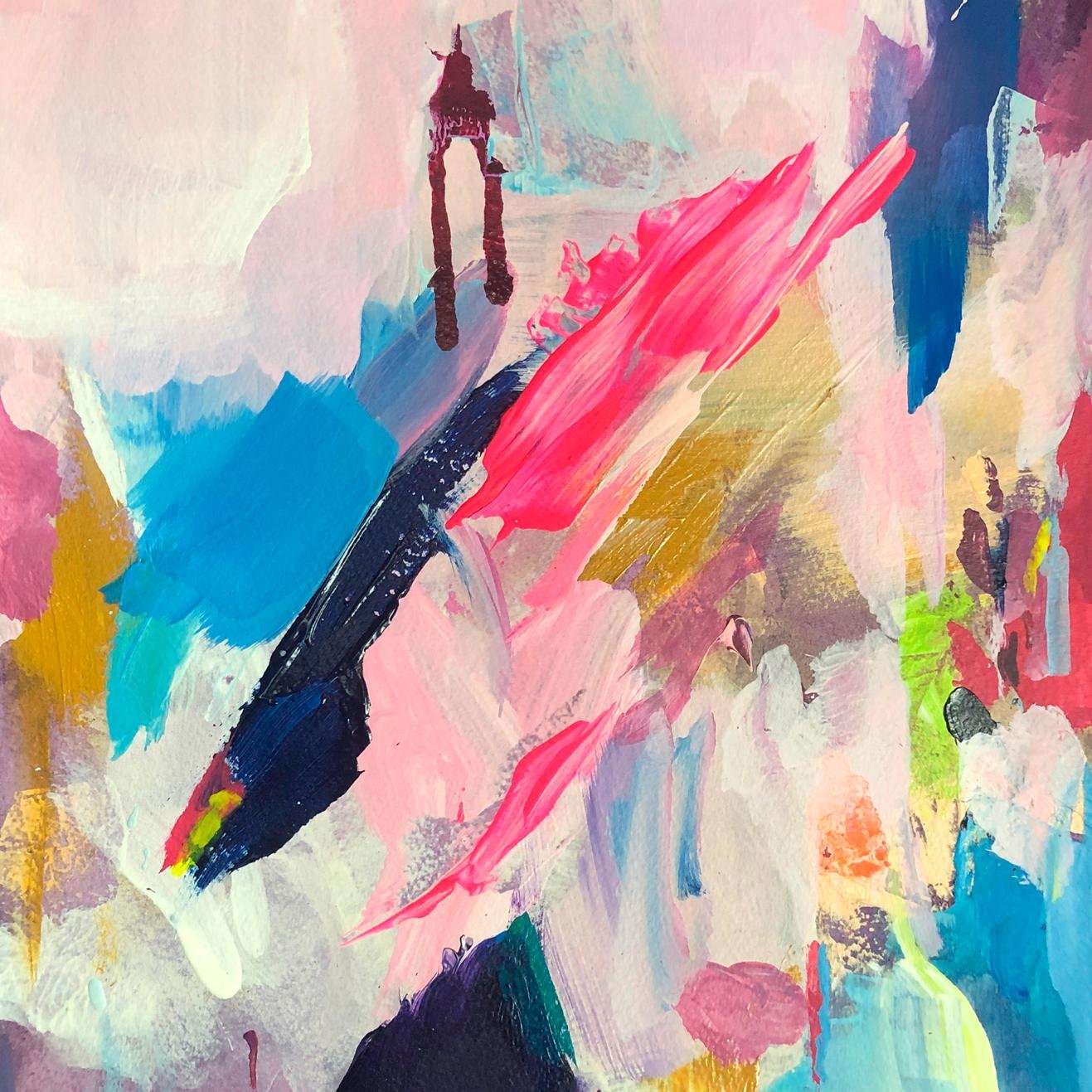 Close-up view of an abstract painting with bold, expressive strokes of fuchsia, cobalt blue, teal, and mustard yellow on a layered pastel surface.