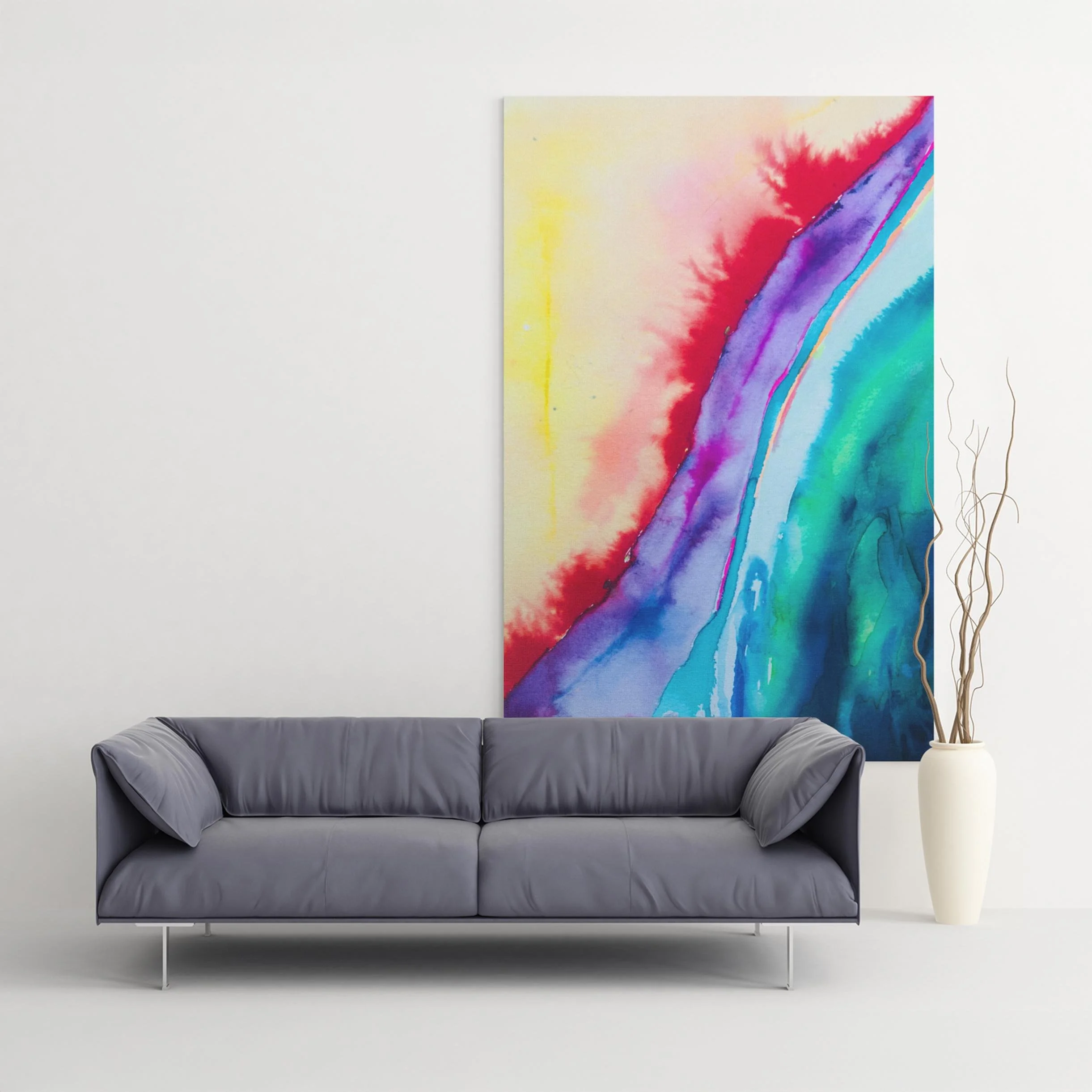This dramatic color field spans from sunny yellow to oceanic blues, anchoring a minimalist room with scale and vibrant warmth.
