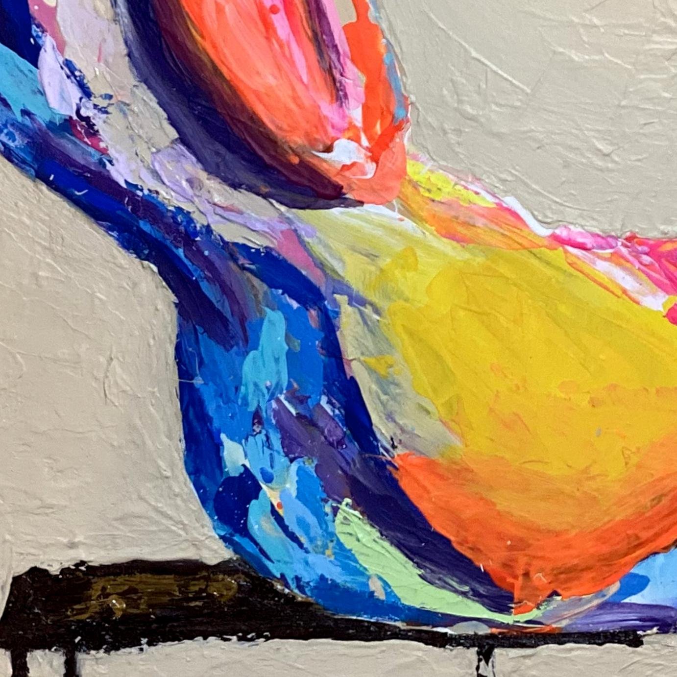 Close-up of the vibrant textured brushstrokes on the figure’s back and dress, highlighting bold layers of orange, yellow, blue, and violet acrylic.