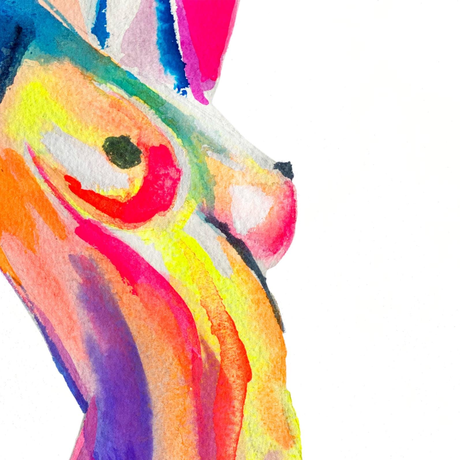 Close-up view of a vibrant abstract nude, highlighting the rich textures and bold colors of the watercolor brushstrokes in a modern expressive style.
