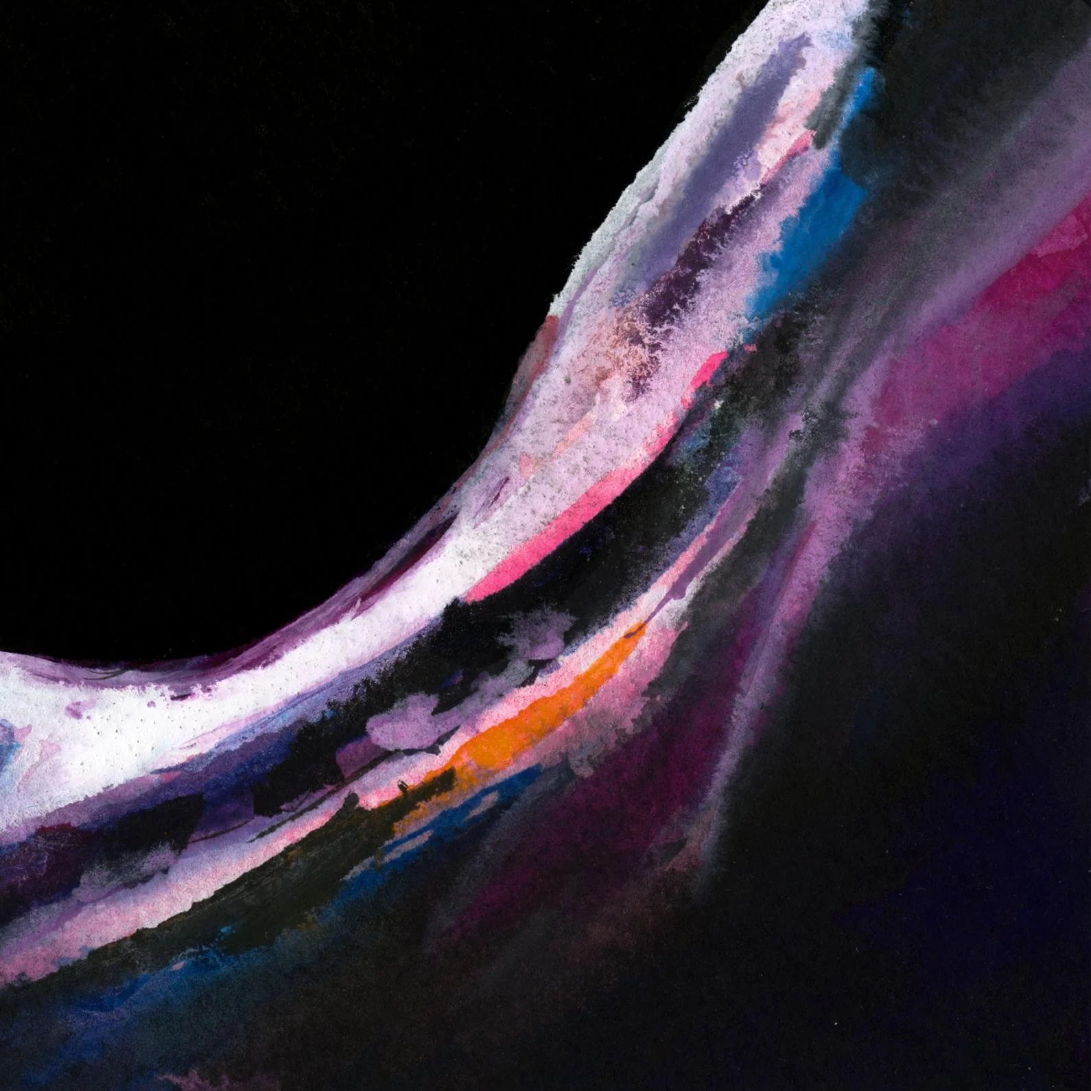 Close-up view of the painting, highlighting rich textures and layered strokes of magenta, orange, and indigo fading into black.