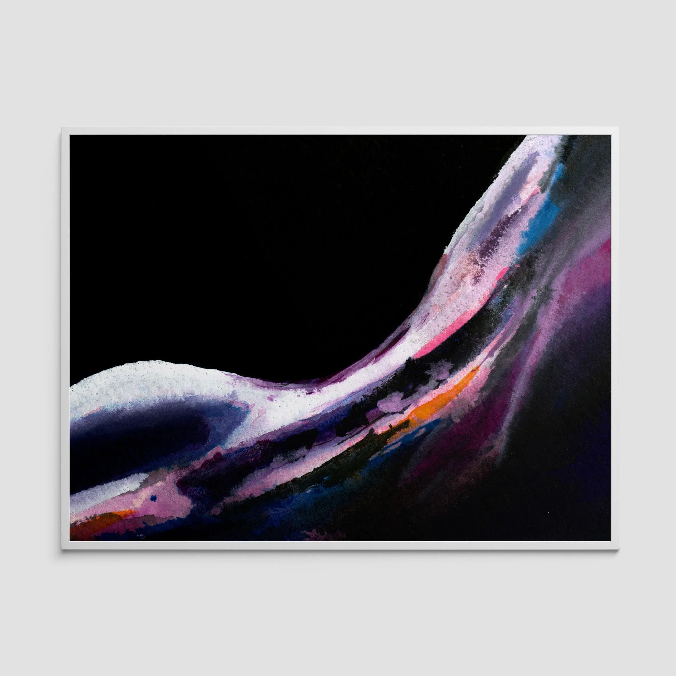 Abstract watercolor painting featuring the graceful curve of a back in bold pink, violet, and white tones against a deep black background.