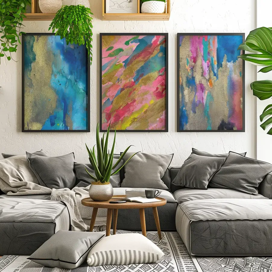 Three framed abstract watercolor paintings in blue, pink, and gold tones displayed above a gray sectional sofa in a modern living room with plants and natural decor.
