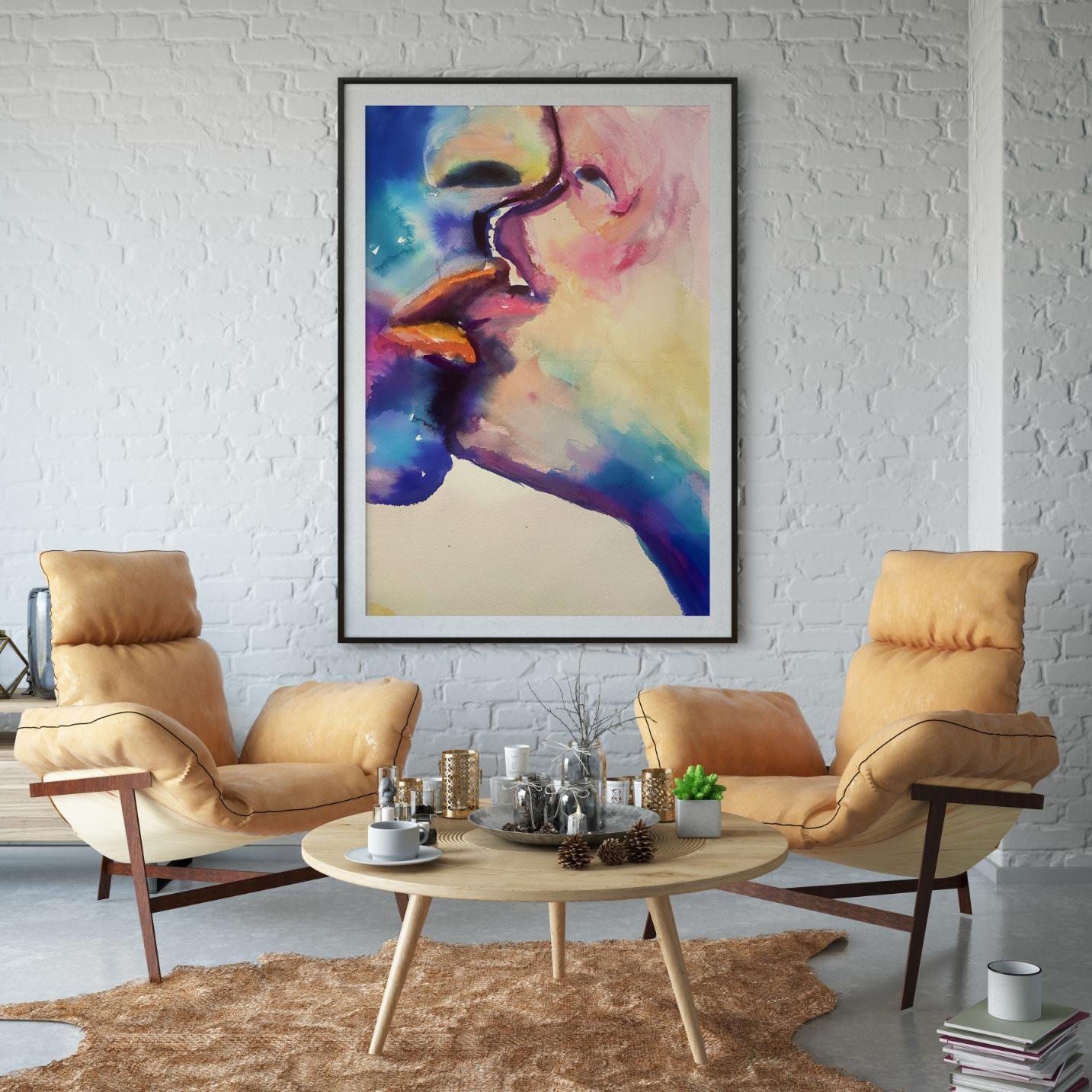 Lustful Bite painting displayed on a light brick wall between two tan armchairs in a cozy modern lounge setup