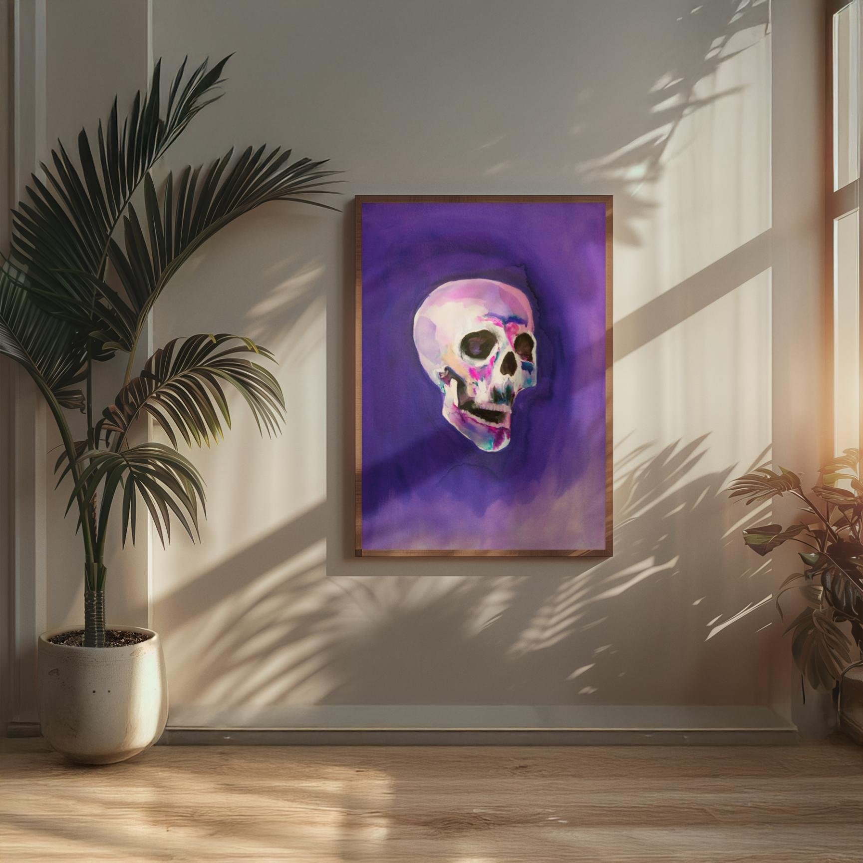 Expressive skull portrait with watercolor drips in vivid fuchsia, blue, and ivory tones over a moody purple gradient.